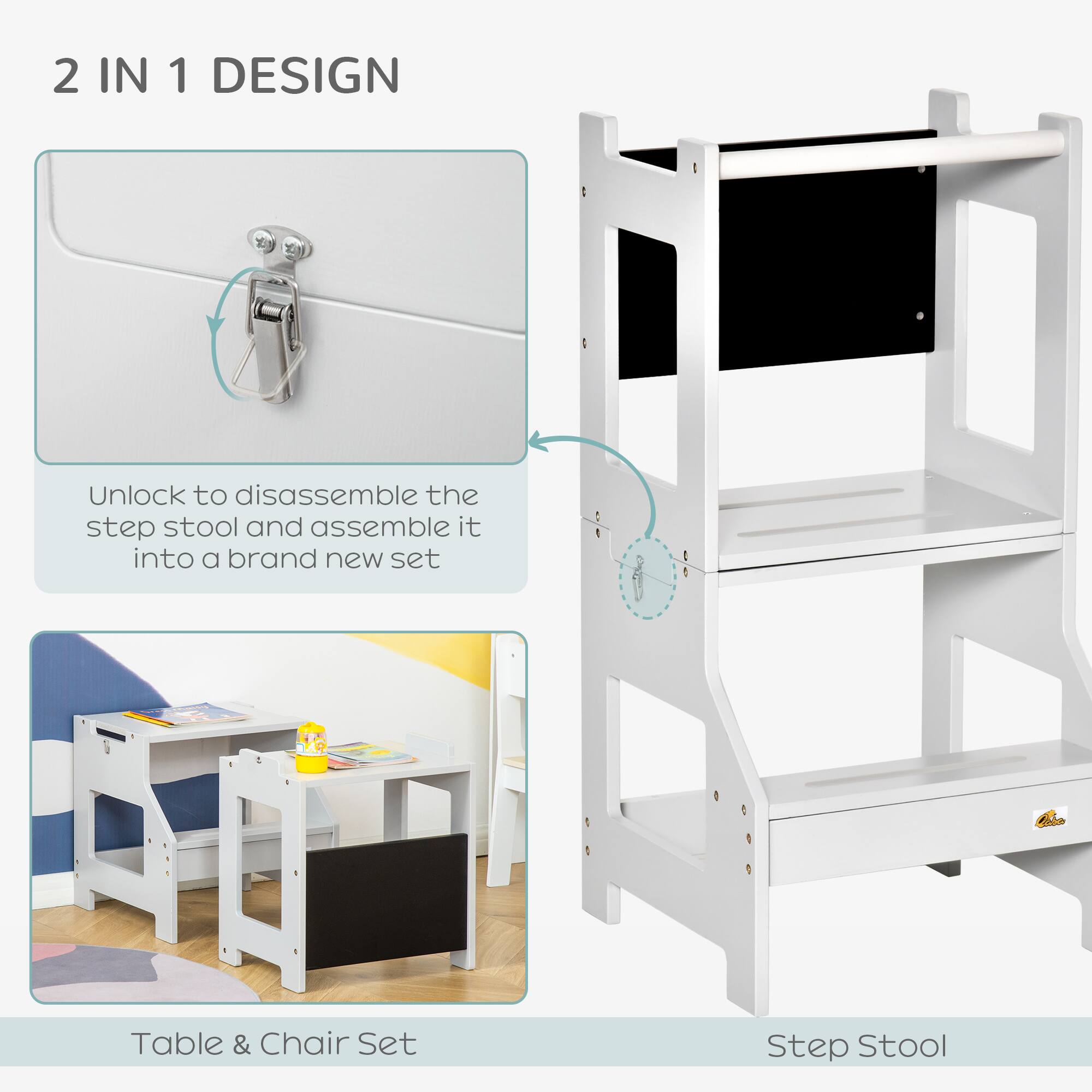 2 IN 1 DESIGN

Unlock to disassemble the step stool and assemble it into a brand new set

Table & Chair Set

Step Stool