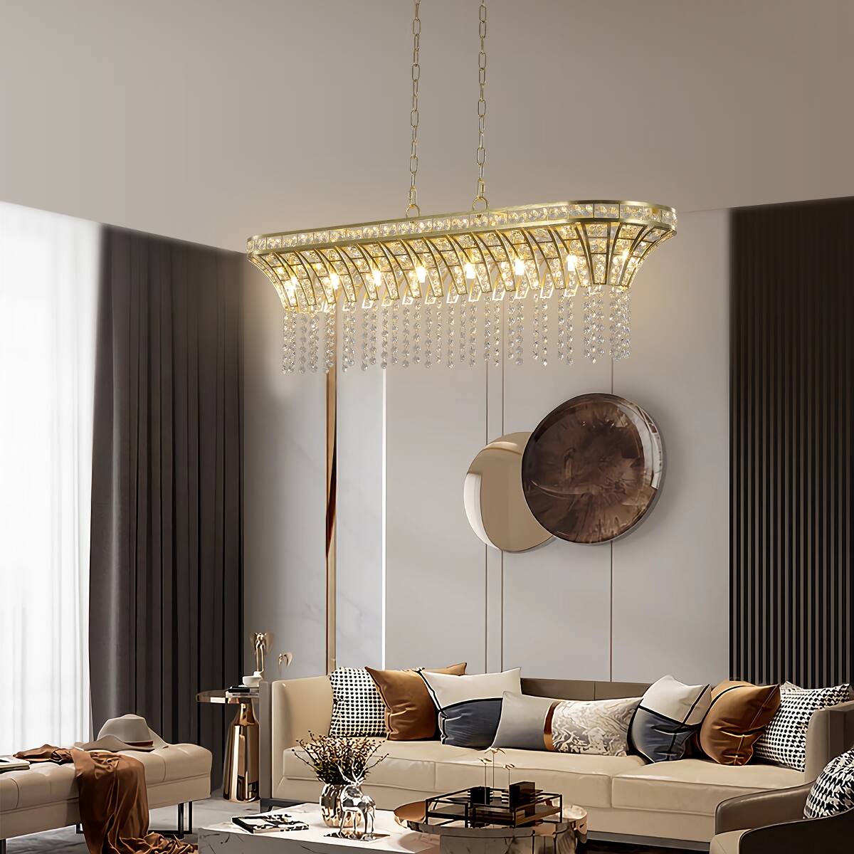 Loheer 39 inch Crystal Linear Chandelier, Modern Gold Finish Rectangle ...