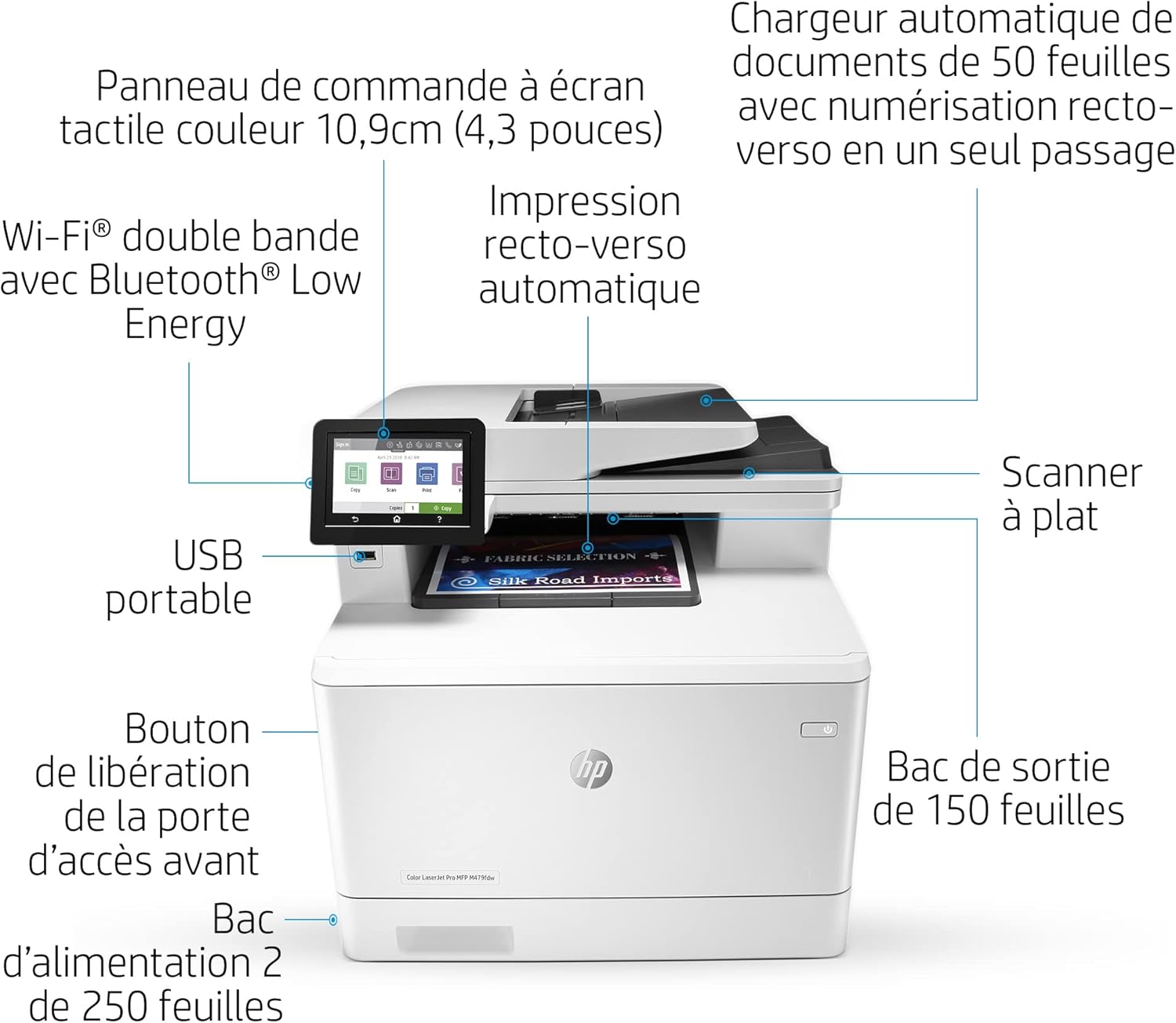 - Panneau de commande à écran tactile couleur 10,9 cm (4,3 pouces)
- Wi-Fi® double bande avec Bluetooth® Low Energy
- Impression recto-verso automatique
- Chargeur automatique de documents de 50 feuilles avec numérisation recto-verso en un seul passage
- Scanner à plat
- USB portable
- Bouton de libération de la porte d'accès avant
- Bac d'alimentation 2 de 250 feuilles
- Bac de sortie de 150 feuilles