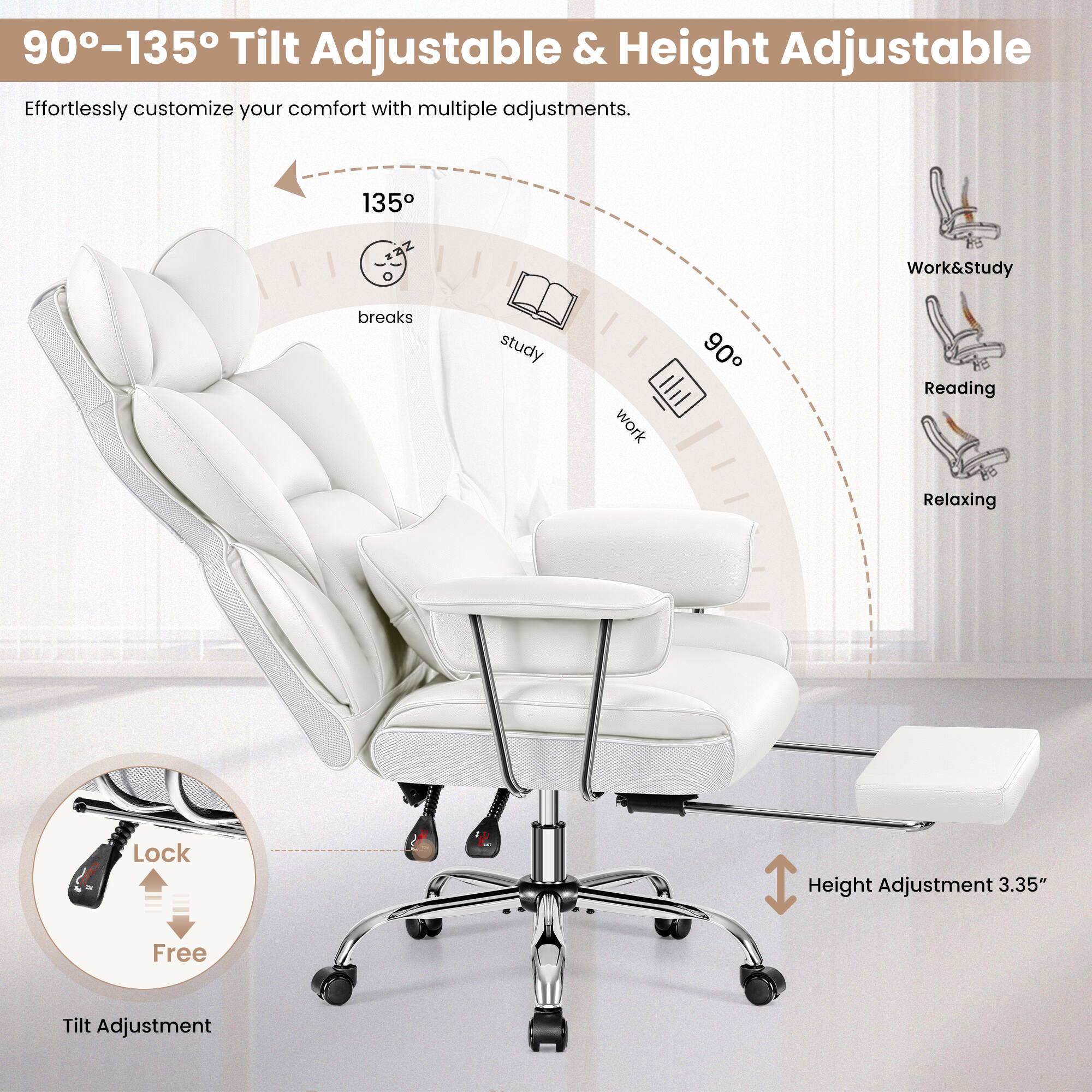 The text on the image is grouped and corrected as follows:

Effortlessly customize your comfort with multiple adjustments. 90-135 Tilt Adjustable & Height Adjustable:

1. 135 H5 Work&Study breaks:
- Study
- Work
- Reading
- Relaxing
- Lock Height Adjustment: 3.35"
- Free Tilt Adjustment
