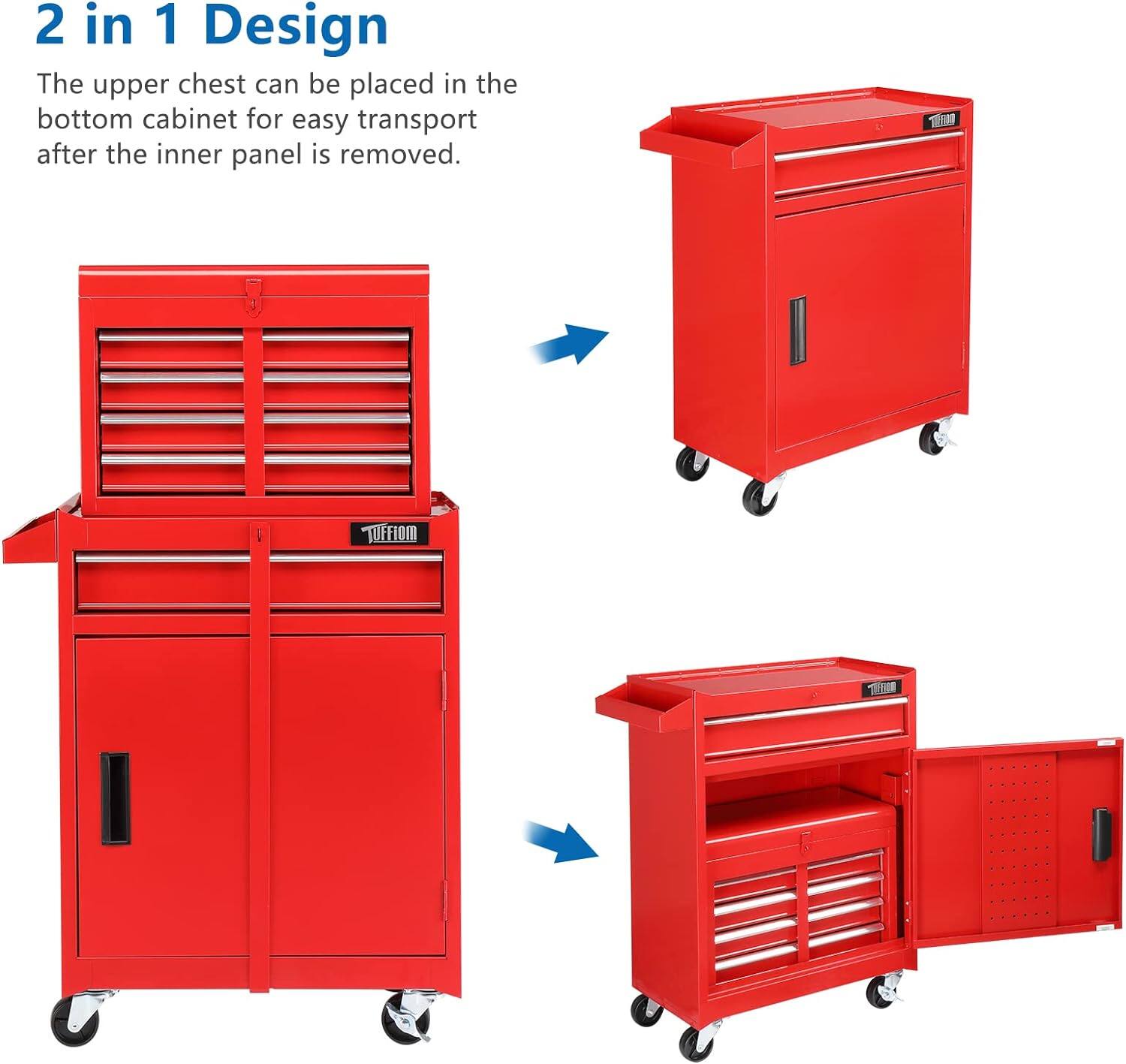 2 in 1 Design

The upper chest can be placed in the bottom cabinet for easy transport after the inner panel is removed.