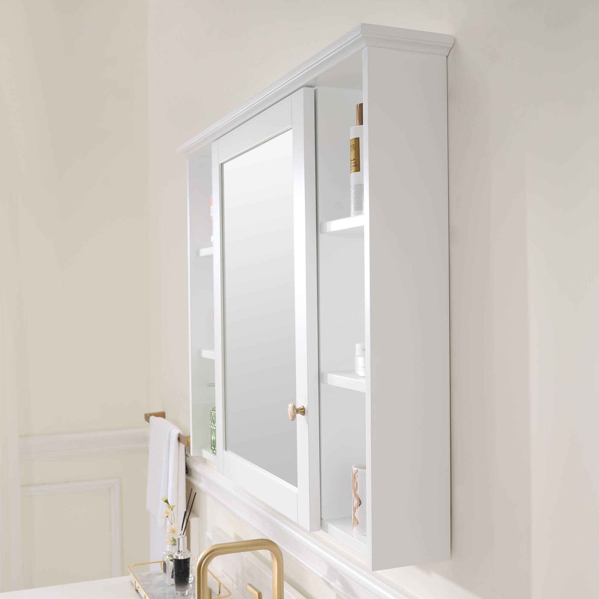 Alt View 2. WELLFOR - 42 in. W x 30 in. H Rectangular Solid Wood Frame Surface Mount Medicine Cabinet with Mirror and Soft Close Door - White.