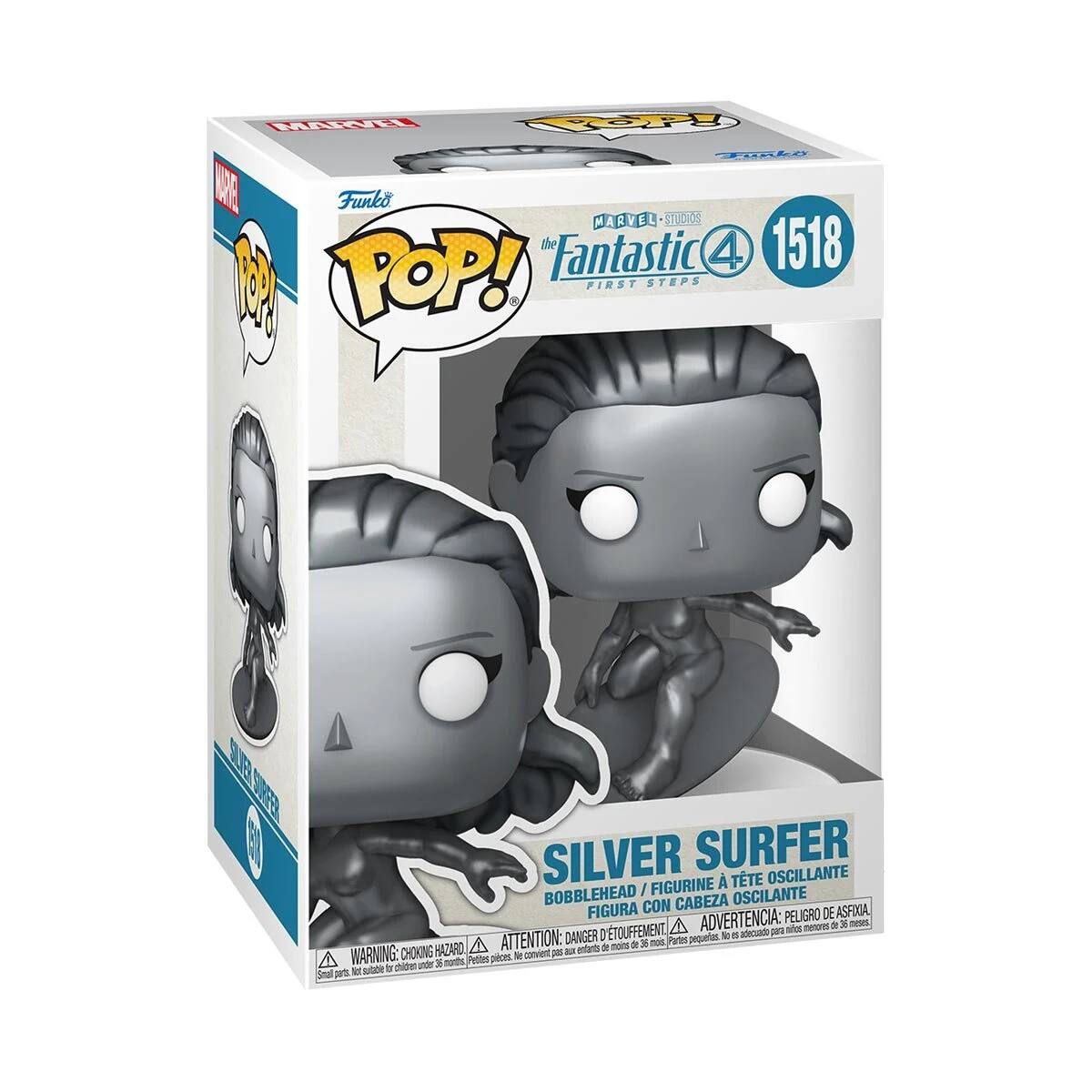 Sure, here is the corrected and grouped text from the image:

---

**Funko POP!**

**MARVEL STUDIOS**

**The Fantastic 4**

**1518**

**FIRST STEPS**

**SILVER SURFER**

**BOBBLEHEAD / FIGURINE À TÊTE OSCILLANTE / FIGURA CON CABEZA OSCILANTE**

**WARNING: CHOKING HAZARD - Small parts. Not for children under 3 years.**

**ATTENTION: DANGER D'ÉTOUFFEMENT - Petites pièces. Ne convient pas aux enfants de moins de 3 ans.**

**ADVERTENCIA: PELIGRO DE ASFIXIA - Piezas pequeñas. No es adecuado para niños menores de 3 años.**

**WARNING: CHOKING HAZARD - Small parts. Not for children under 3 years.**

**ATTENTION: DANGER D'ÉTOUFFEMENT - Petites pièces. Ne convient pas aux enfants de moins de 3 ans.**

**ADVERTENCIA: PELIGRO DE ASFIXIA - Piezas pequeñas. No es adecuado para niños menores de 3 años.**

---