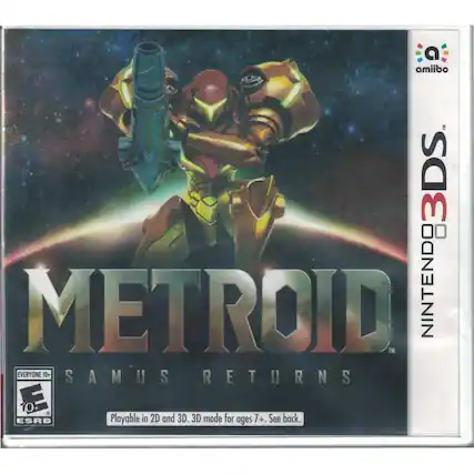 METROID SAMUS RETURNS
NINTENDO 3DS
amiibo
Play in 2D and 3D. 3D mode for ages 7+. See back.
EVERYONE 10+
ESRB - E10+ (Everyone 10+)