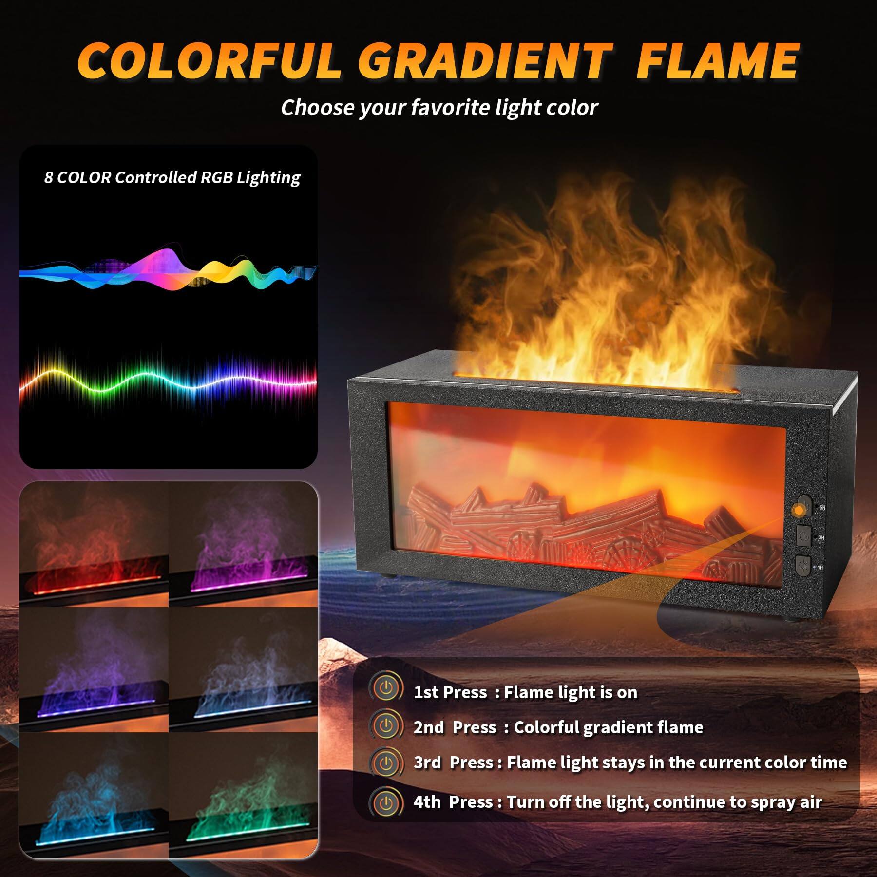 COLORFUL GRADIENT FLAME  
Choose your favorite light color  

8 COLOR Controlled RGB Lighting  

1st Press: Flame light is on  
2nd Press: Colorful gradient flame  
3rd Press: Flame light stays in the current color time  
4th Press: Turn off the light, continue to spray air
