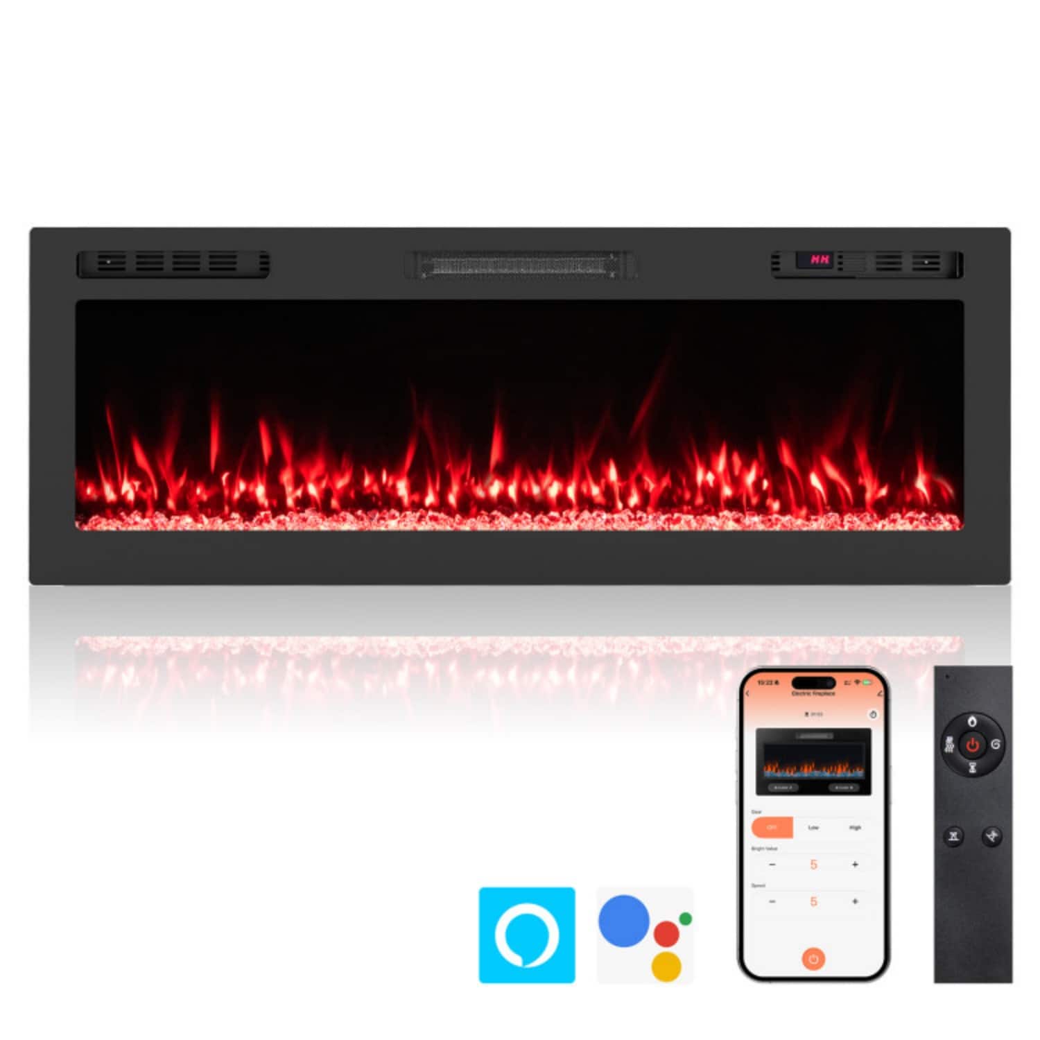 LUCKY ONE - 50 Inch Smart WiFi Wall Mounted/Recessed Electric Fireplace with 12 Colors - Black
