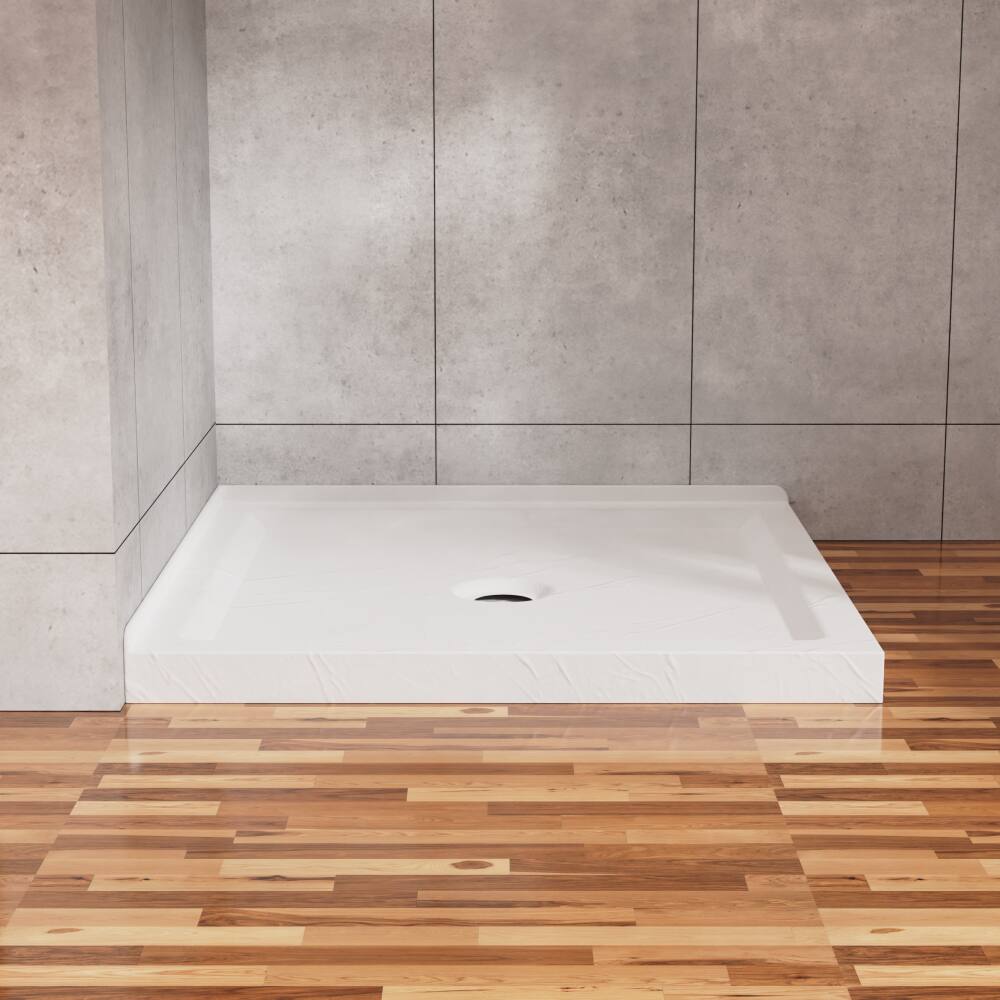 Alt View 2. JUJABU - 36"x36" Shower Pan 3.3" Height Double Threshold Shower Base in Slate White, Anti-slip Acrylic, Center Drain - White.