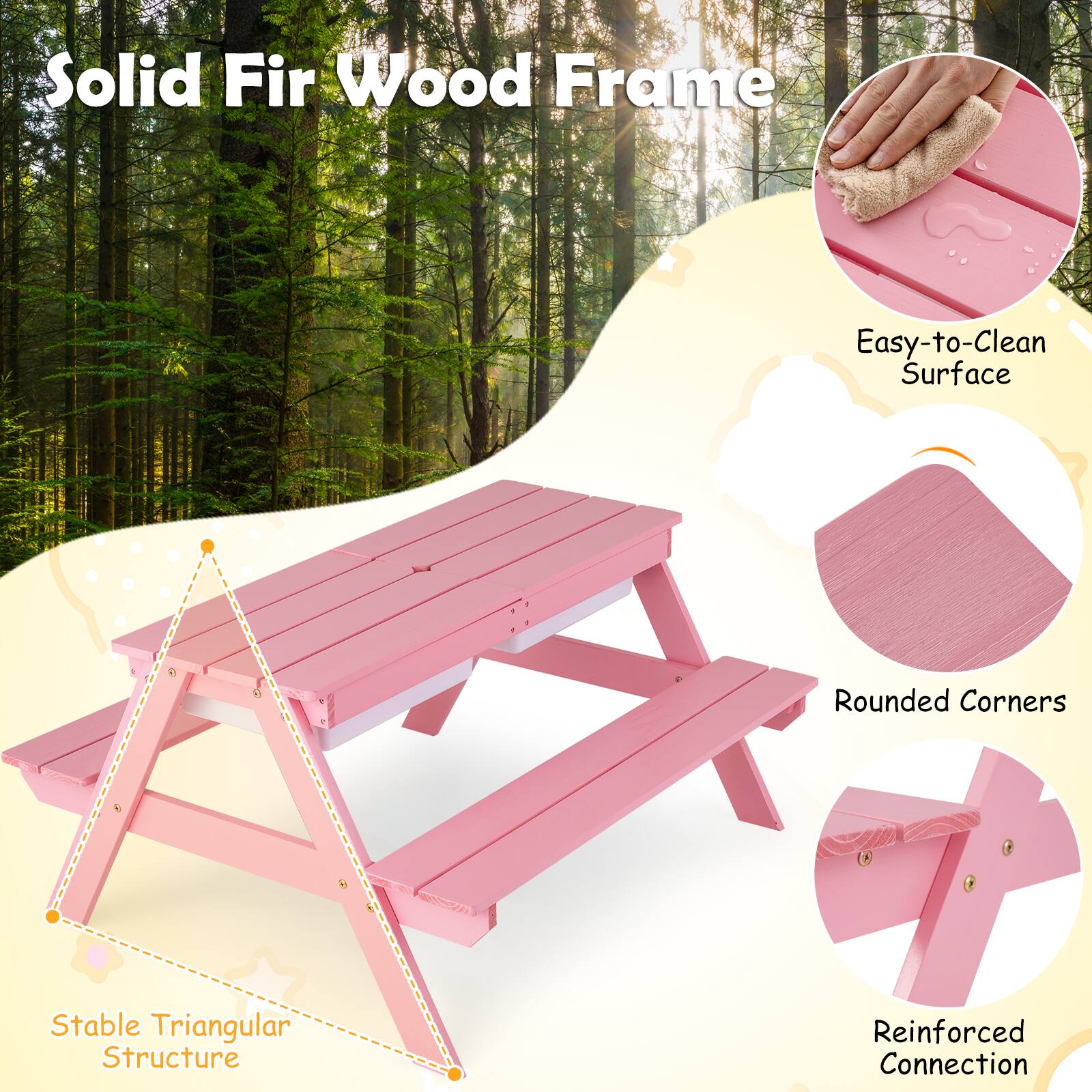 Solid Fir Wood Frame  
Easy-to-Clean Surface  
Rounded Corners  
Stable Triangular Structure  
Reinforced Connection