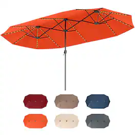 Costway - 15.5 FT Extra-Large Patio Umbrella with LED Solar Lights & 12 Heavy-Duty Ribs - Orange