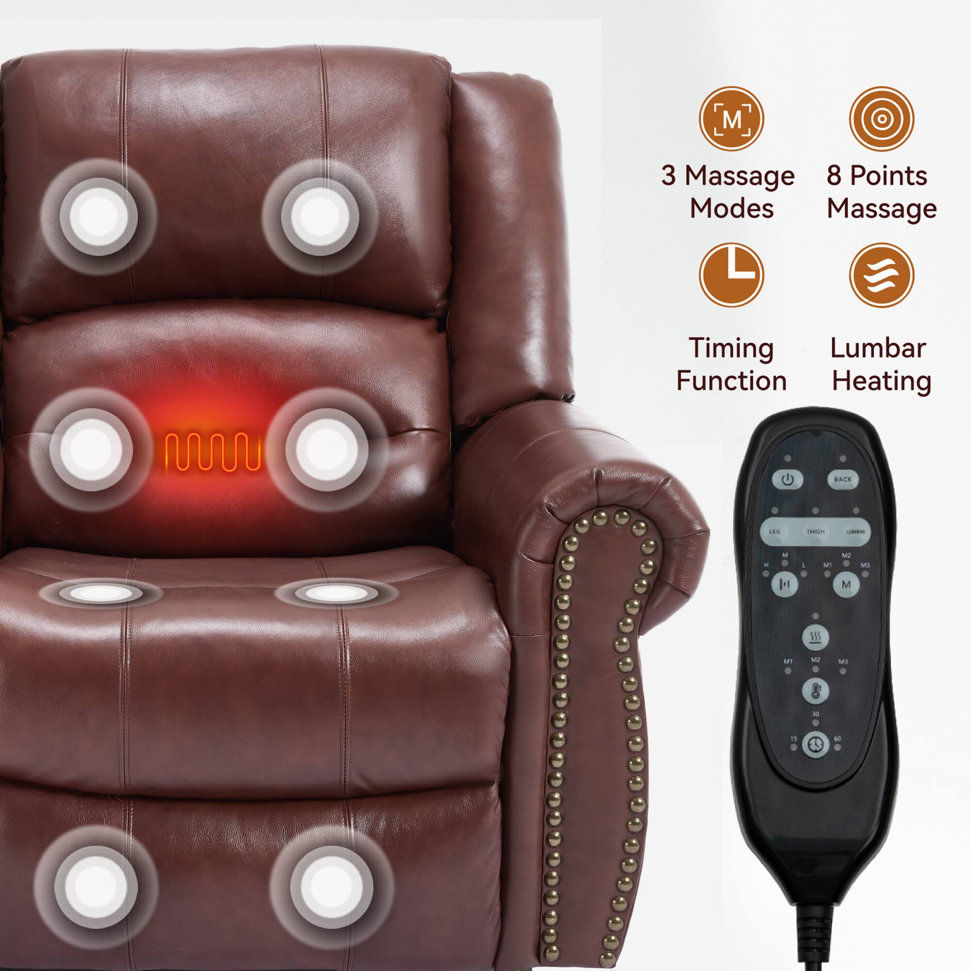 3 Massage Modes  
8 Points Massage  
Timing Function  
Lumbar Heating