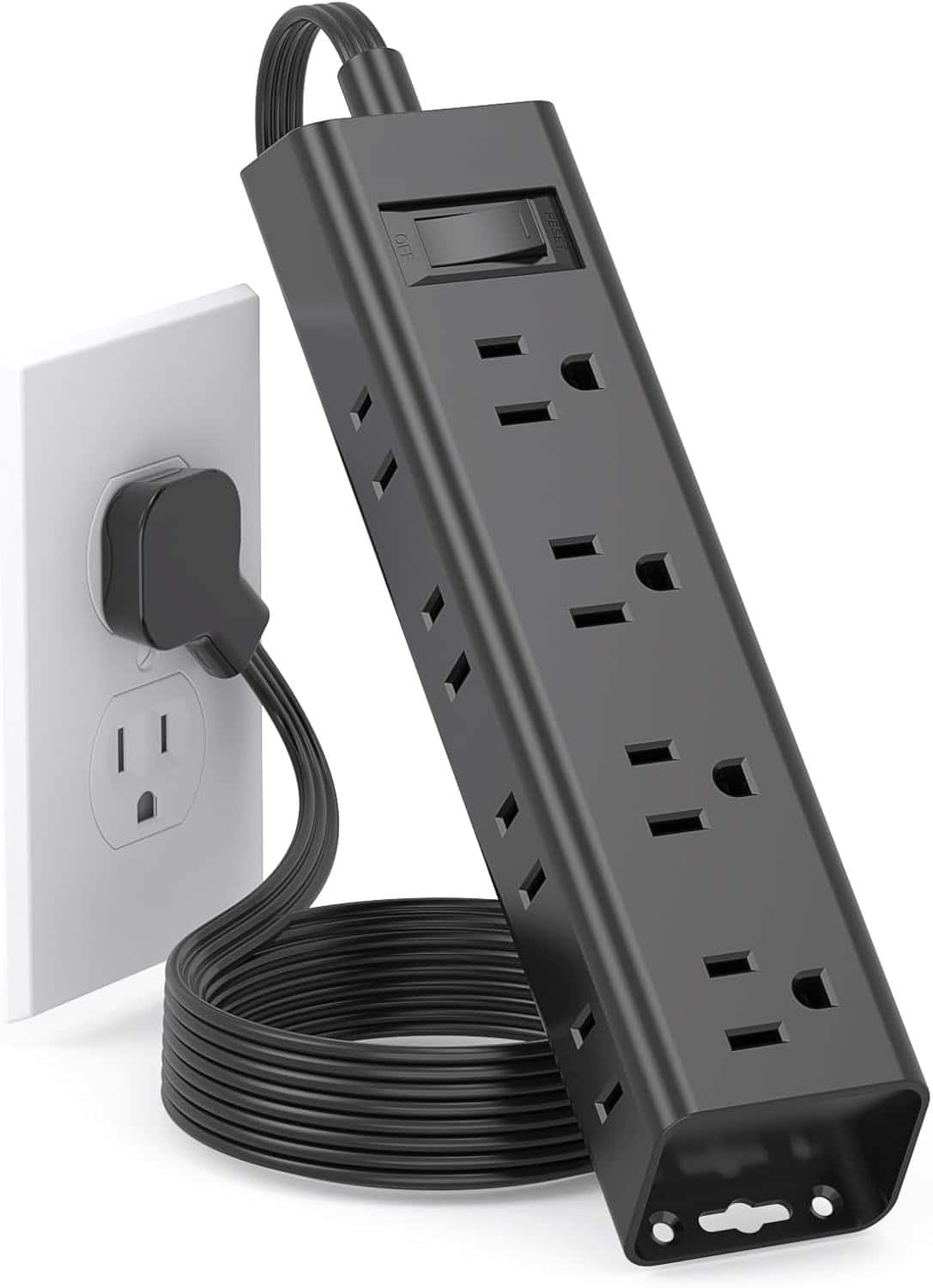 FINEAK - 5ft Flat Wall Plug Surge Protector Power Strip with 12 Outlets - Black