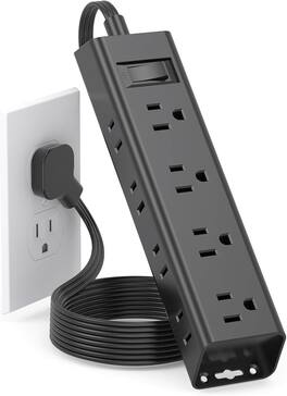 FINEAK - 5ft Flat Wall Plug Surge Protector Power Strip with 12 Outlets - Black