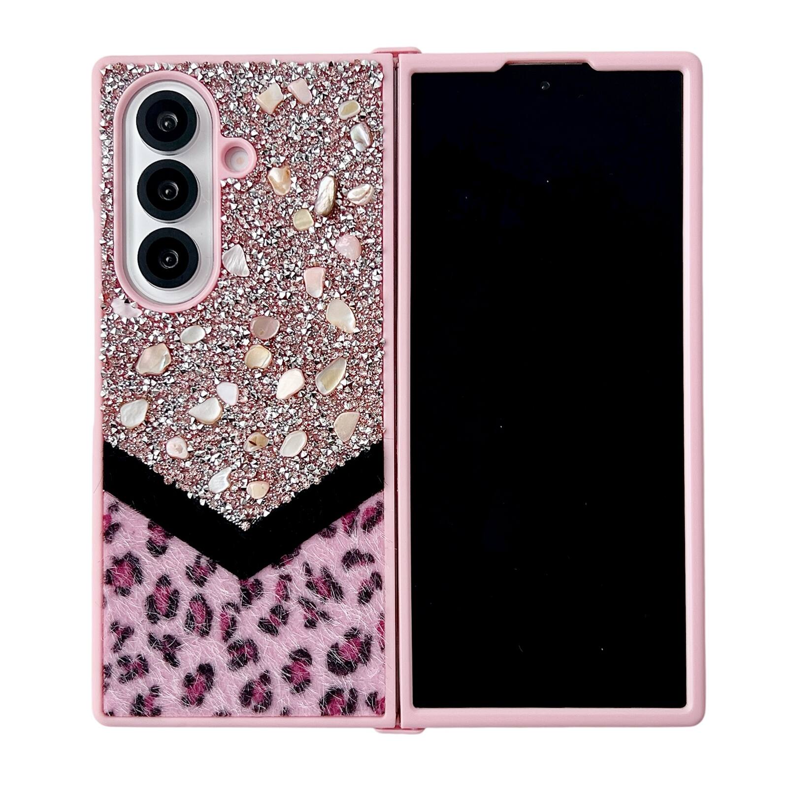 Alt View 3. Dteck - Shockproof Phone Case for Samsung Galaxy Z Fold7 with Beaded Wrist Strap, Glitter Rhinestone Hard PC Protective Cover - Pink.