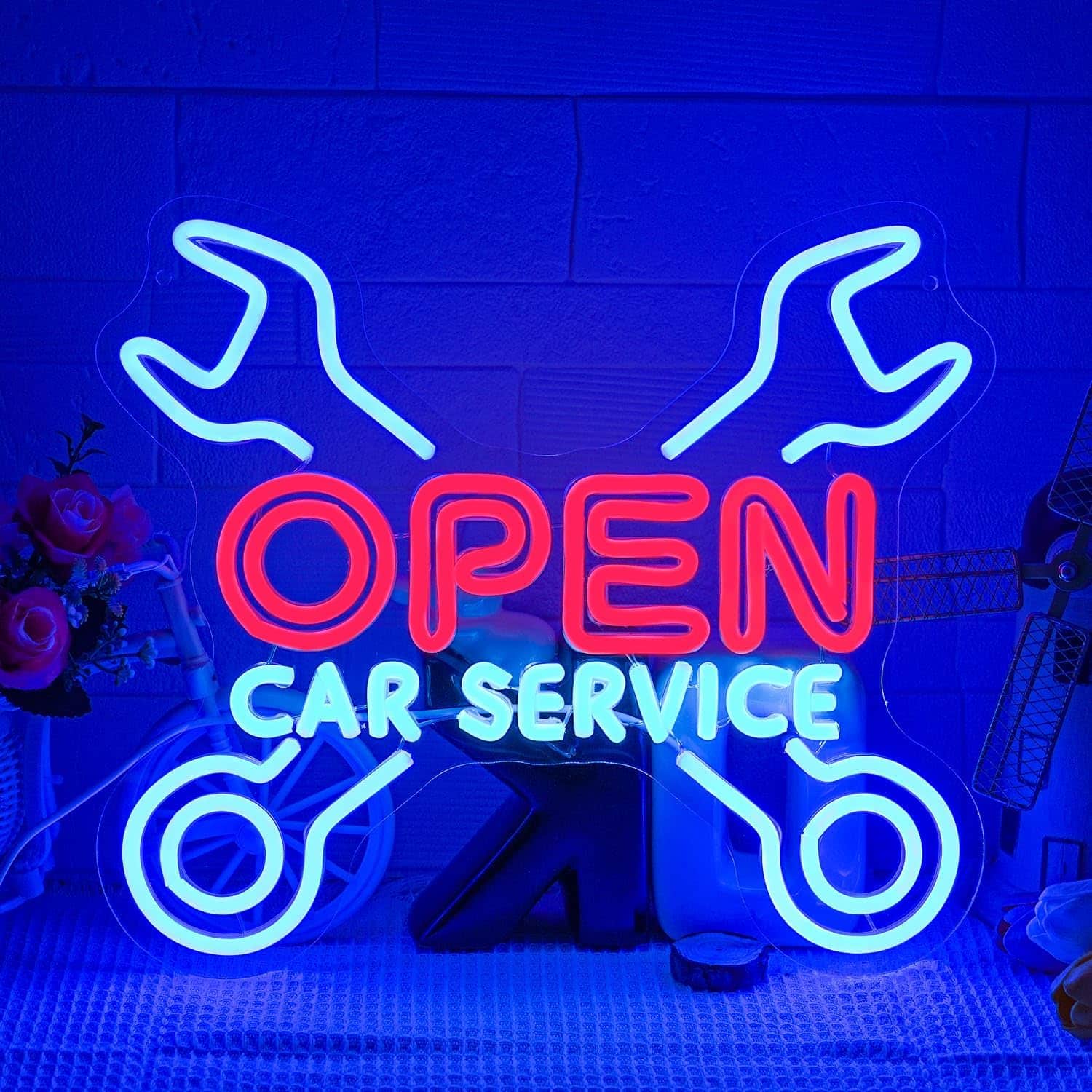 Auledio - Car Service Open Neon Sign for Wall Decor, Dimmable Car Garage Neon Light for Car Repair Shop, USB Car Service LED Light - Multicolor