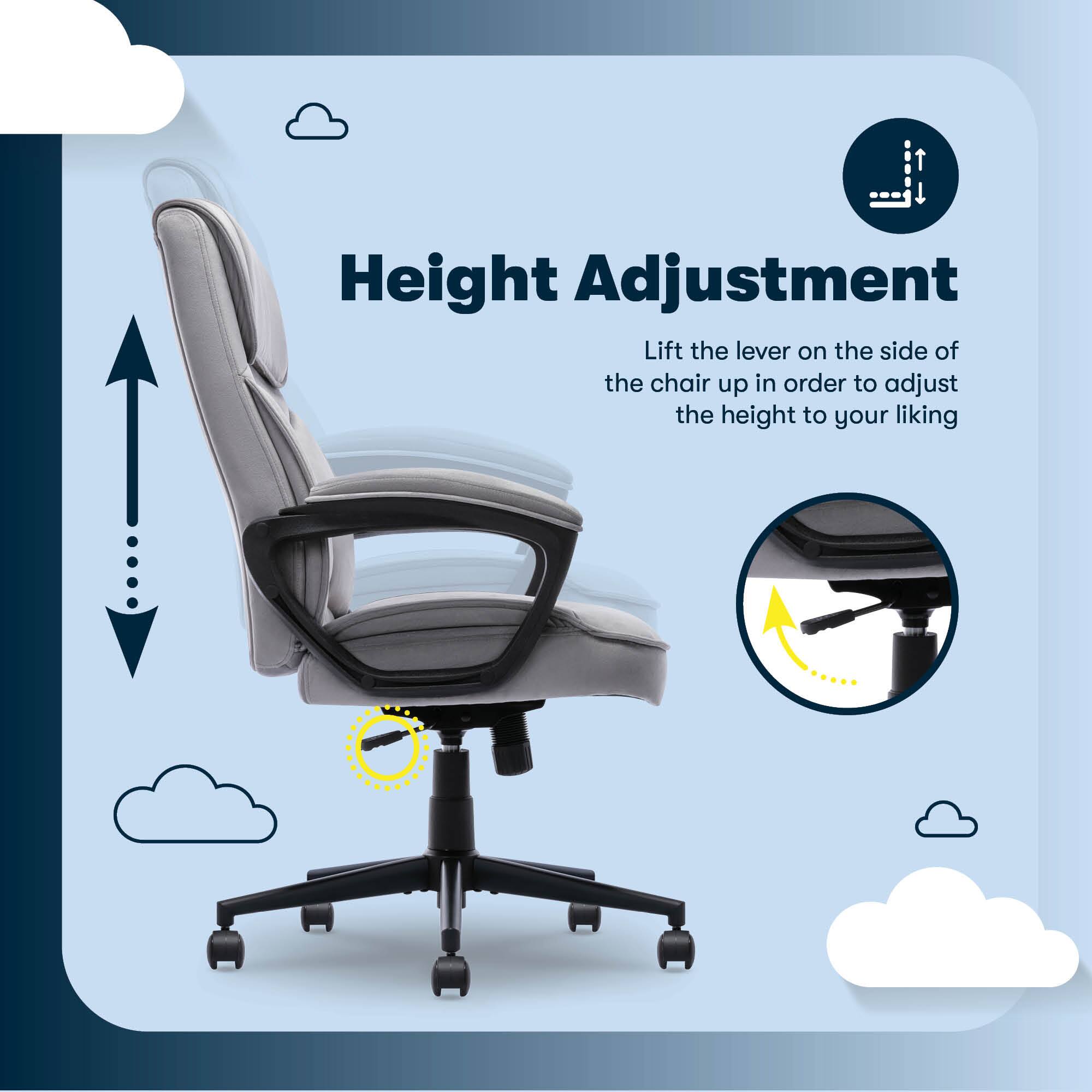 The text on the image is already correctly grouped and states: "Height Adjustment Lift the lever on the side of the chair up in order to adjust the height to your liking."