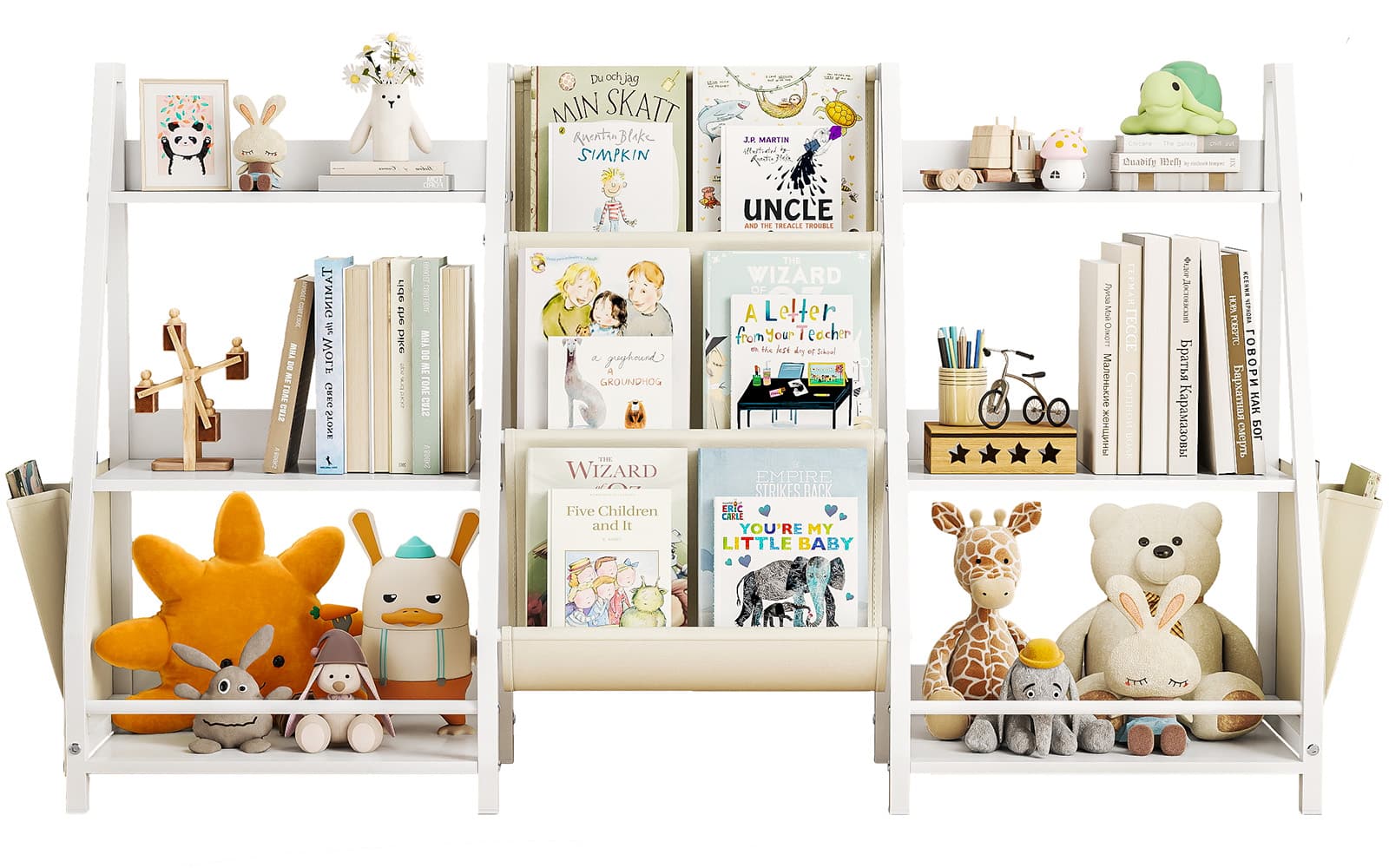 Sugift - 2-in-1 Kids Bookshelf and Toy Organizer with Fabric Pockets and Open Storage Shelves - White