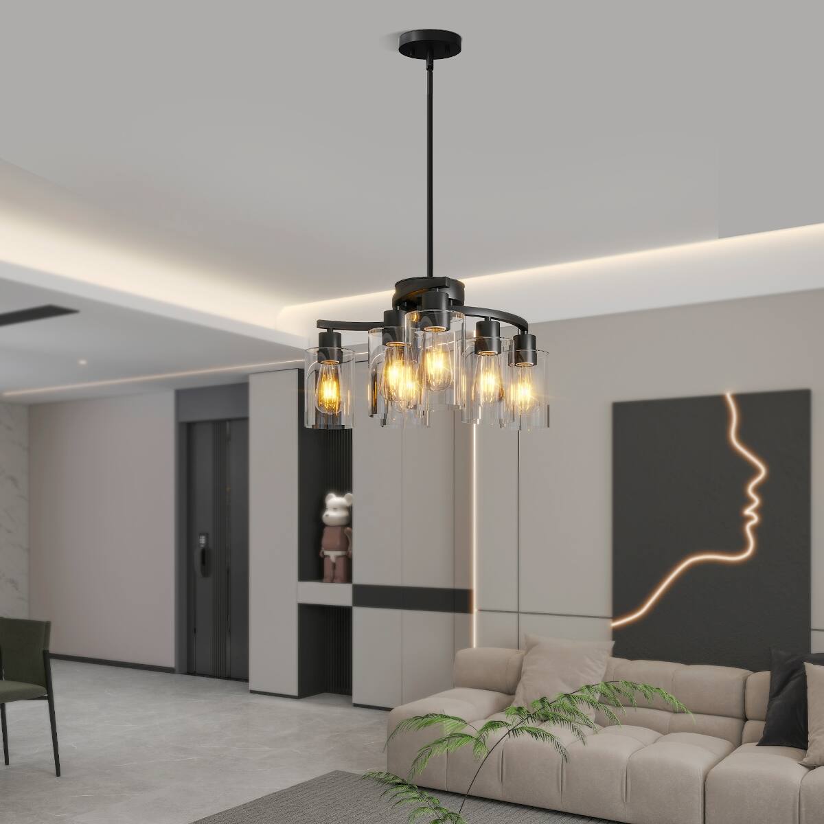 Angle. Loheer - Loheer 6-Light Black Chandelier with Clear Glass Shades, Adjustable Dining Room Light Fixture.