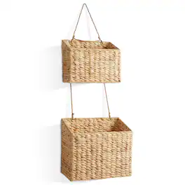 Casafield - 2-Tier Hanging Baskets Vertical Woven Kitchen Wall Storage Organizer - Natural - Hyacinth