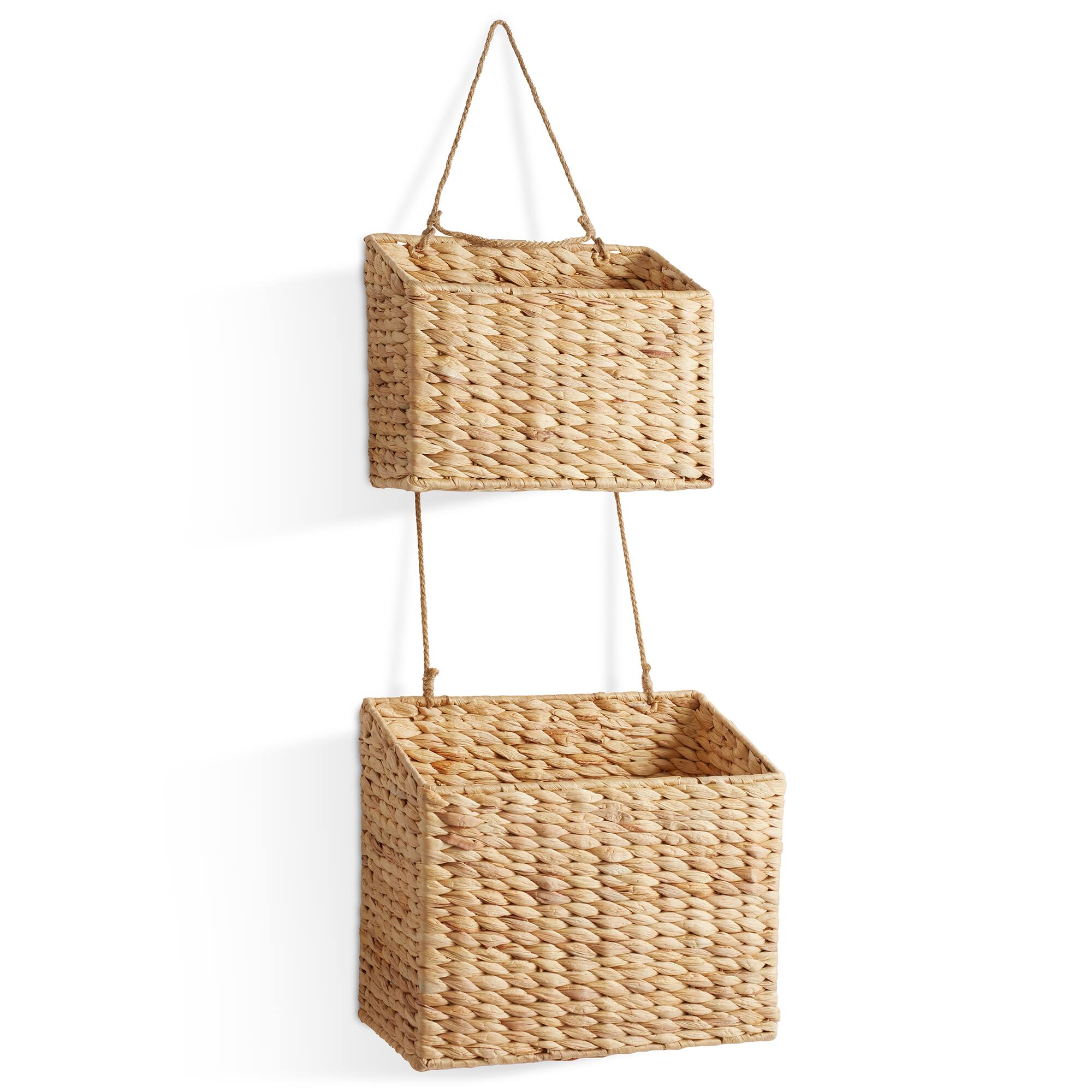 Front. Casafield - 2-Tier Hanging Baskets Vertical Woven Kitchen Wall Storage Organizer - Natural - Hyacinth.