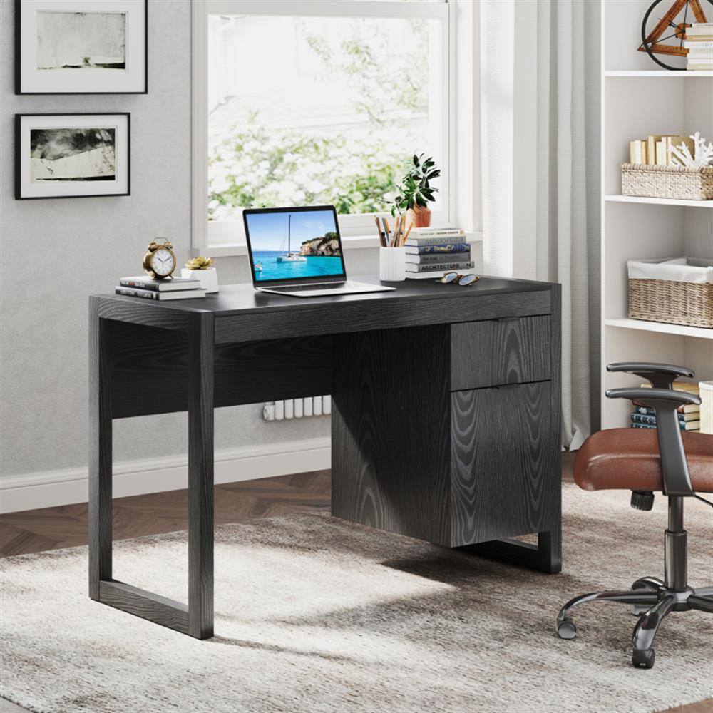 Alt View 1. Pefilos - Modern Computer Desk Workstation with Cabinet & Drawer, Small Home Office Desk Study Writing Table, Black - Black.