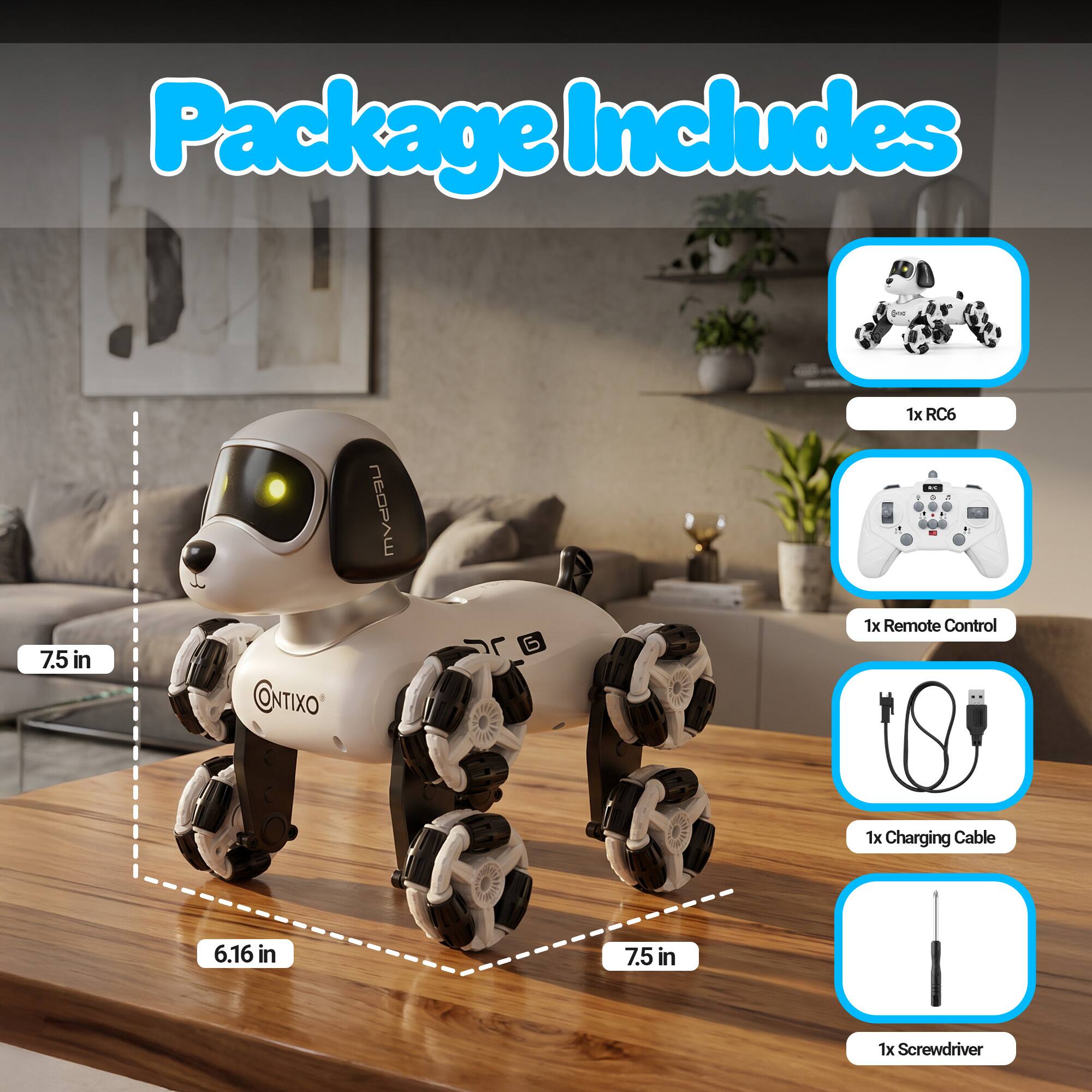 Package Includes

1x RC6
1x Remote Control
1x Charging Cable
1x Screwdriver

7.5 in
6.16 in
7.5 in