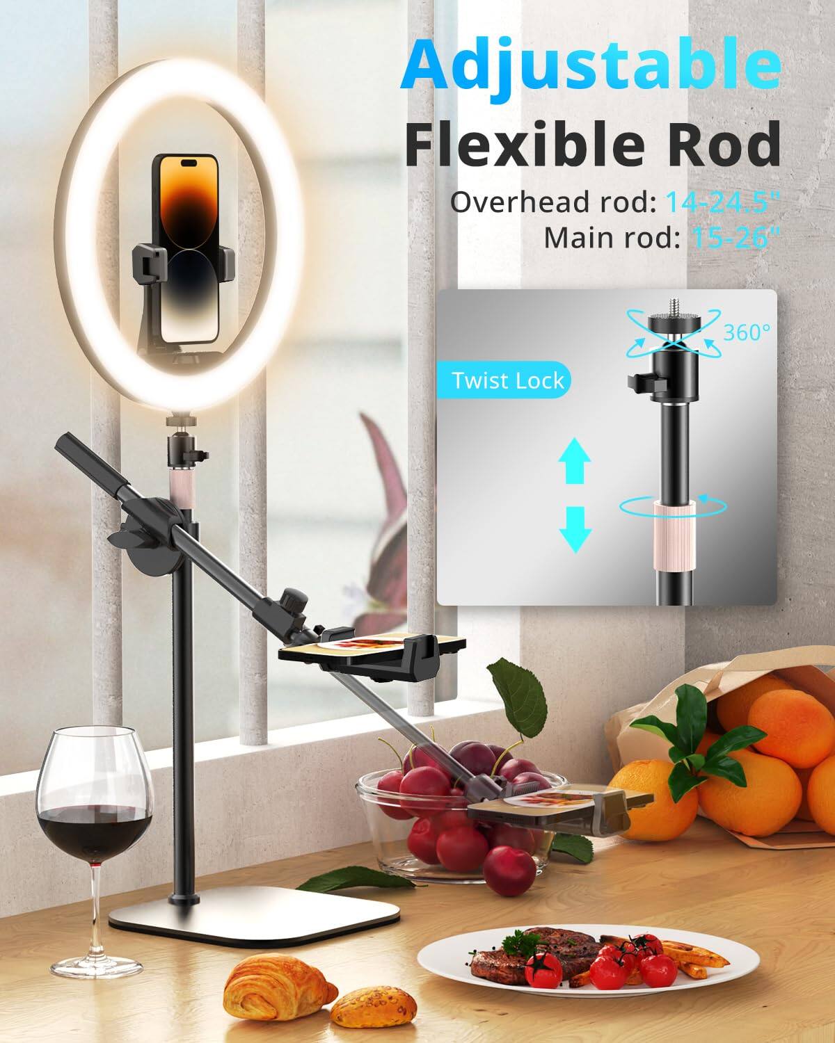 Adjustable Flexible Rod  
Overhead rod: 14-24.5"  
Main rod: 15-26"  
360° Twist Lock