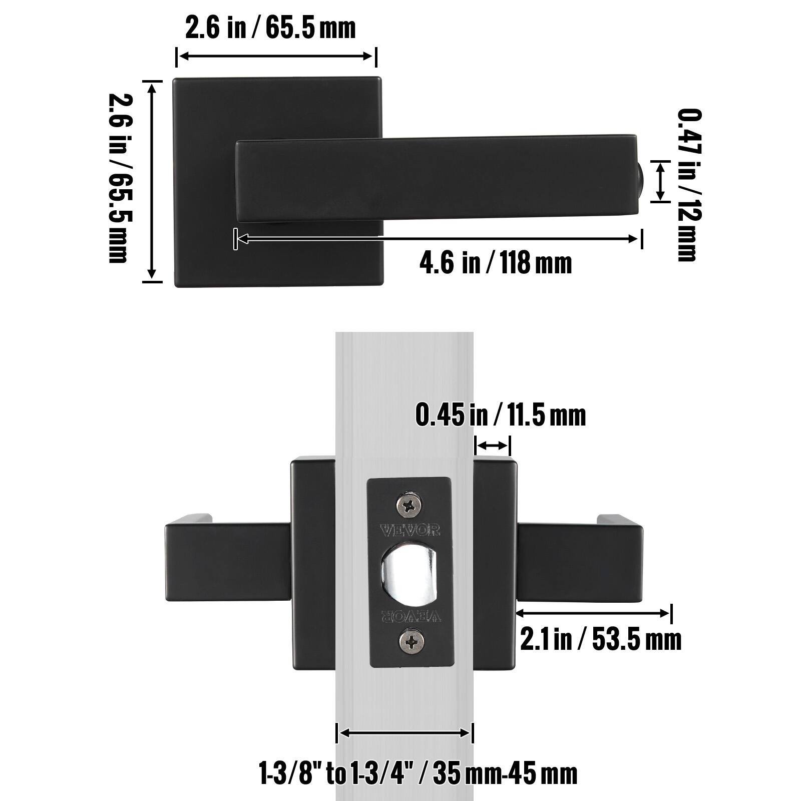 - 2.6 in / 65.5 mm
- 2.6 in / 65.5 mm
- 4.6 in / 118 mm
- 0.47 in / 12 mm
- 0.45 in / 11.5 mm
- 2.1 in / 53.5 mm
- 1-3/8" to 1-3/4" / 35 mm-45 mm