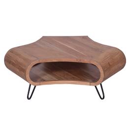 Manhattan Lane - 37 Inch Coffee Table, Handcrafted Curved Hexagon Shape with Open Shelf, Natural Brown Acacia Wood, Iron Legs - Brown, Black