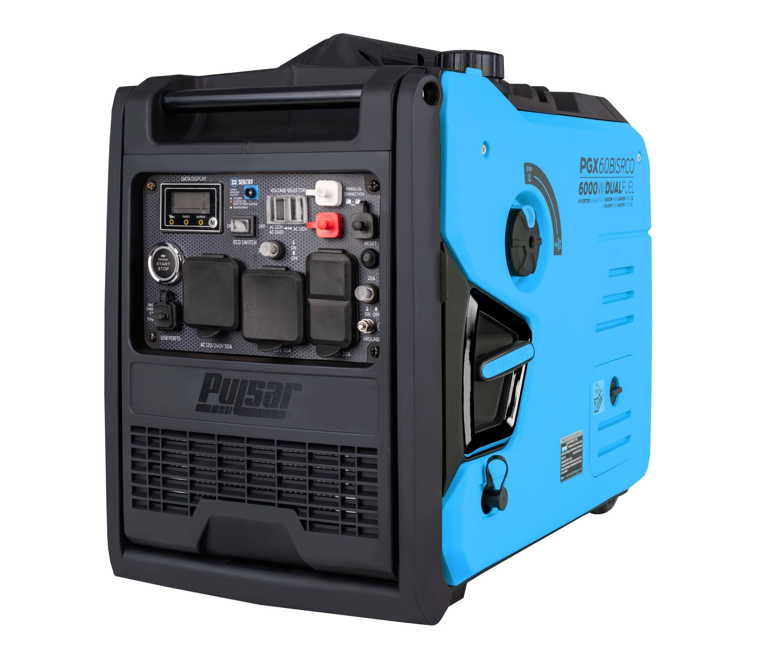 PGX60BISRCO  
6000W DUAL FUEL  
Pulsar  

6000W  
120V/240V  
120V/240V  
120V/240V  

START  
ELECTRIC SWITCH  
RESERVE  
RESTART  
DC SWITCH  
DC OUTPUT  
DC OUTPUT  
DC OUTPUT  

LCD DISPLAY  
RESET  
CHARGING  
CHARGING  
CHARGING  

120V  
240V  
120V  
240V  

Pulsar
