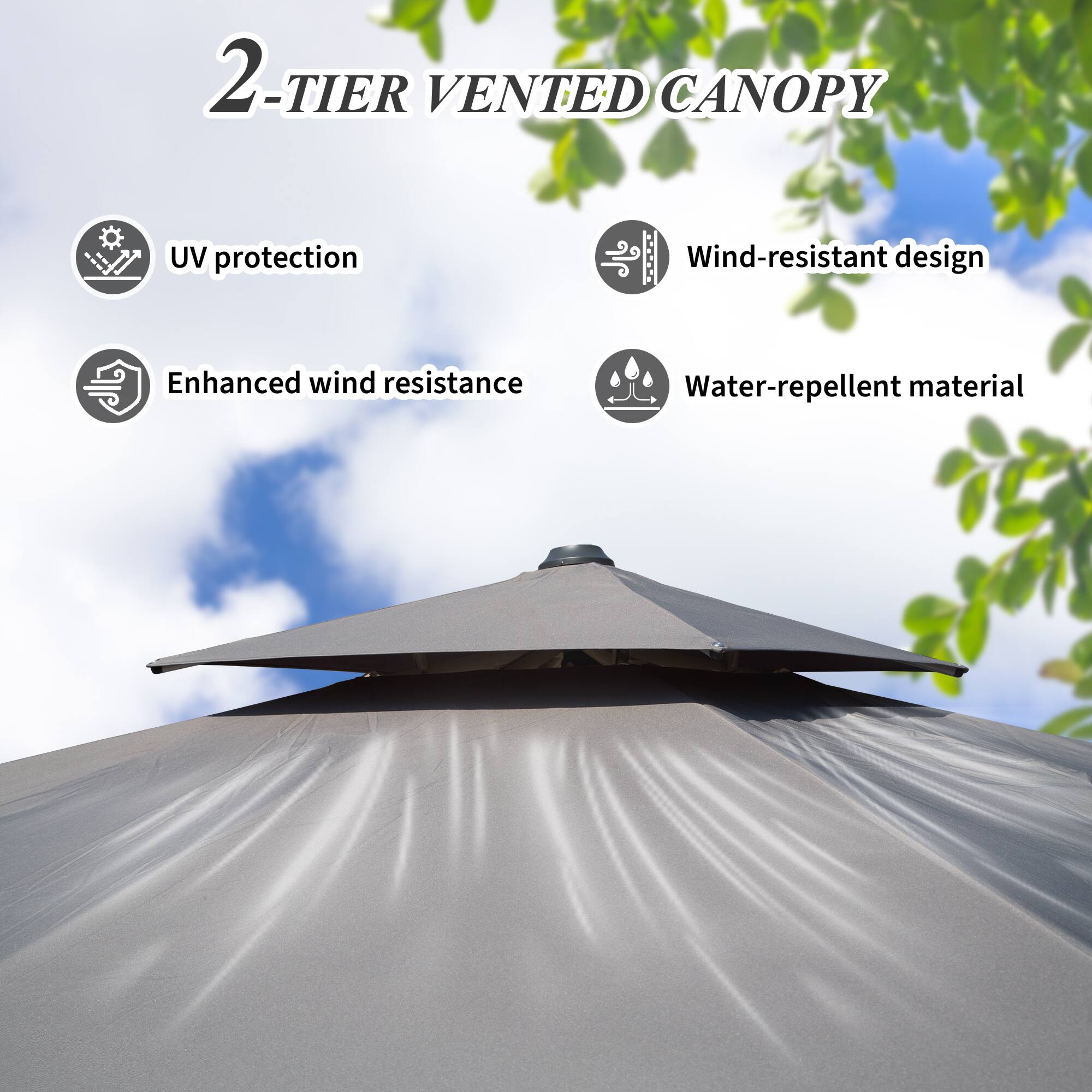 2-TIER VENTED CANOPY

- UV protection
- Enhanced wind resistance
- Wind-resistant design
- Water-repellent material