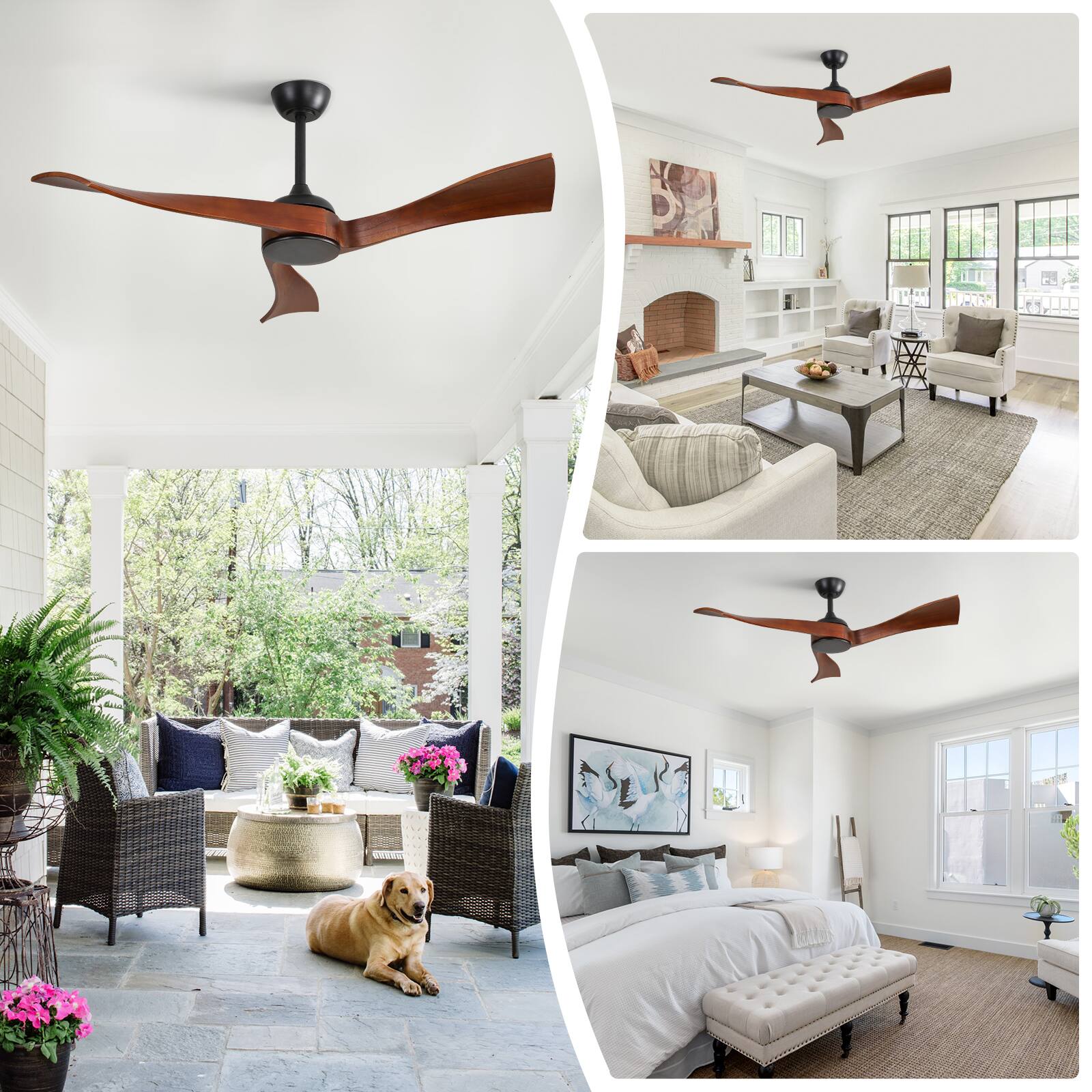 Alt View 4. Sofucor - Indoor/Outdoor Solid Wood Ceiling Fan 52'' Modern Ceiling Fan W/ Remote 6 Speed Timer for Bedroom Patio Porch Farmhouse - Black-Walnut Wood.