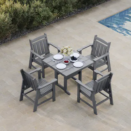 Front. Fortune Candy - HDPE Patio Dining Set, 5-Piece Poly Lumber Table & Chairs with Umbrella Hole, Weather-Resistant for Porch Yard Garden - Gray.