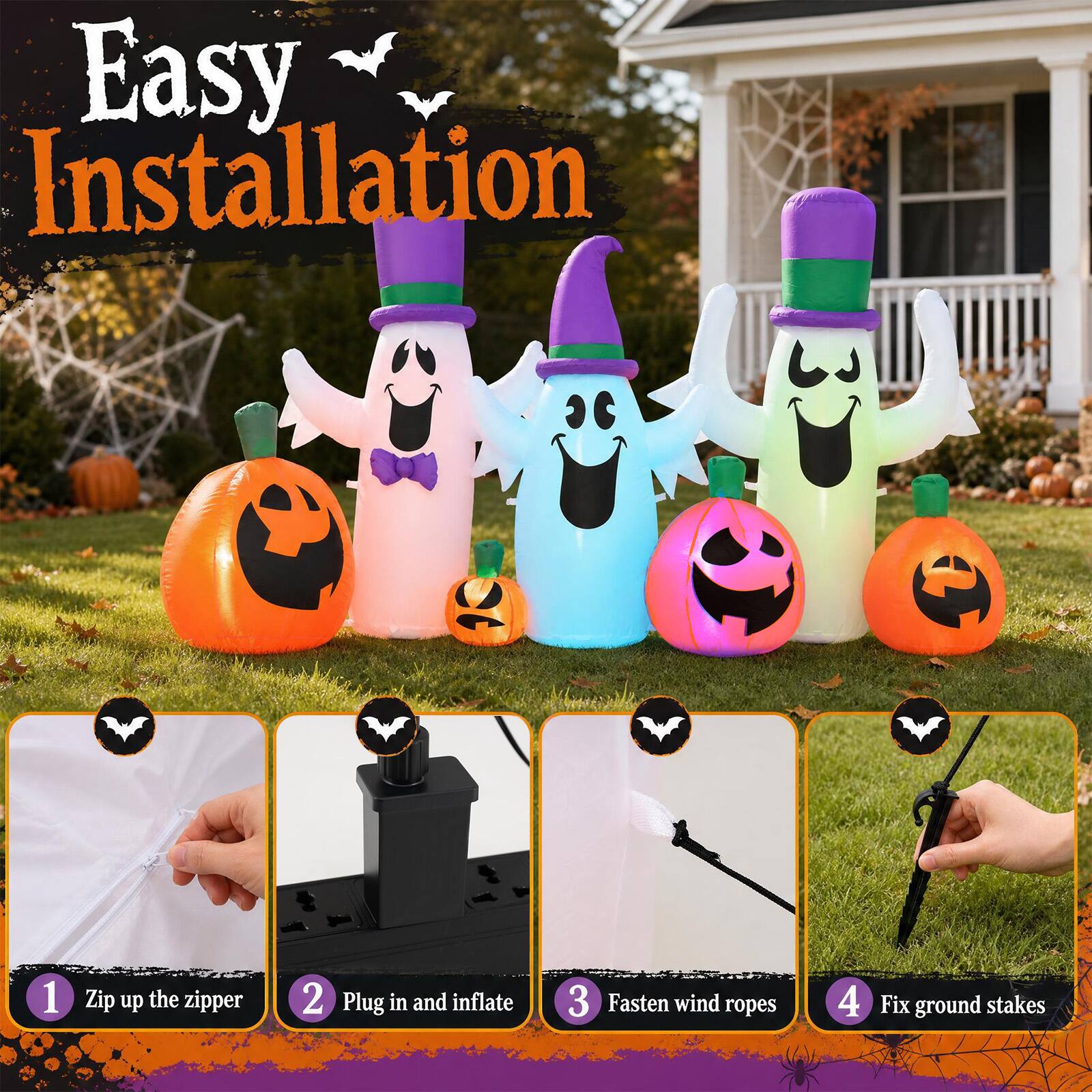 Easy Installation

1. Zip up the zipper
2. Plug in and inflate
3. Fasten wind ropes
4. Fix ground stakes