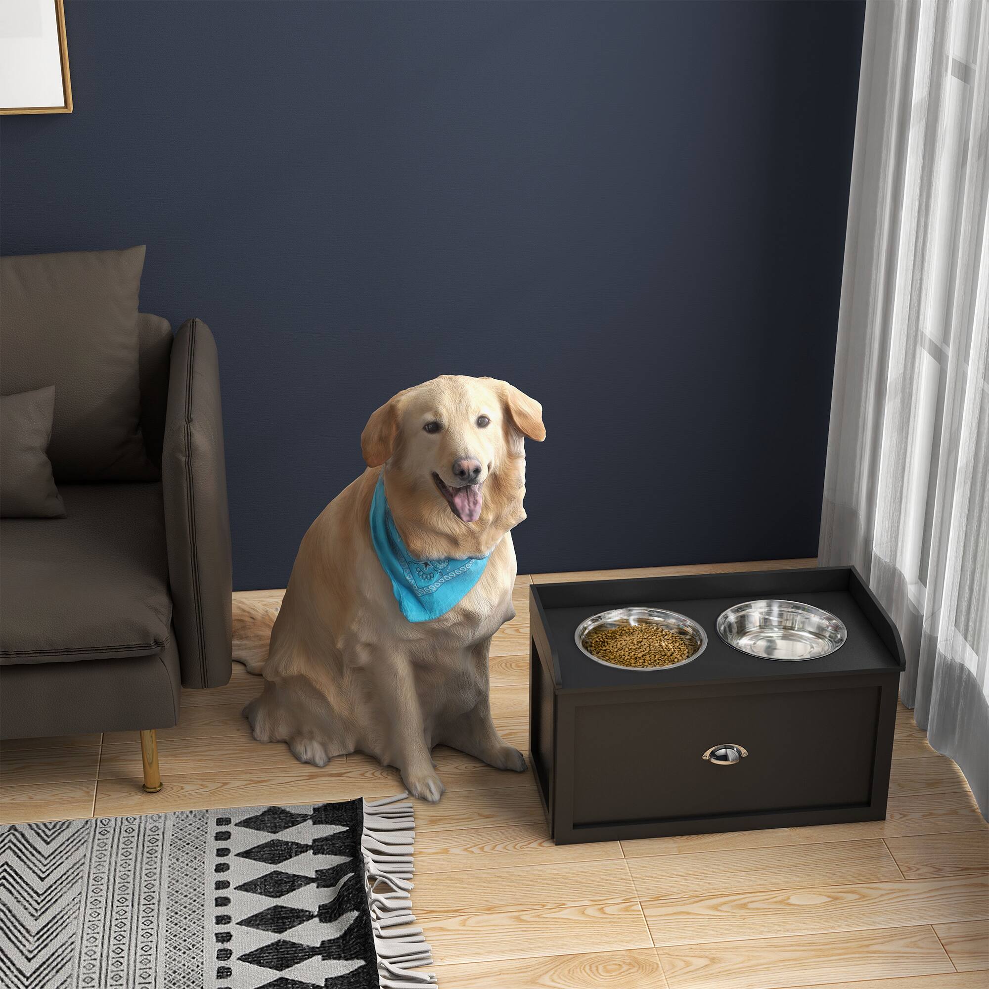 Angle. Pawhut - Dog Feeding Station with Storage Drawer, Dog Food Storage Cabinet with 2 Removable Bowls for Dogs - Black.