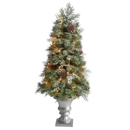 Front. BreeBe - 4’ English Pine Xmas Tree in Urn with 413 Tips and 100 LEDs - Green.