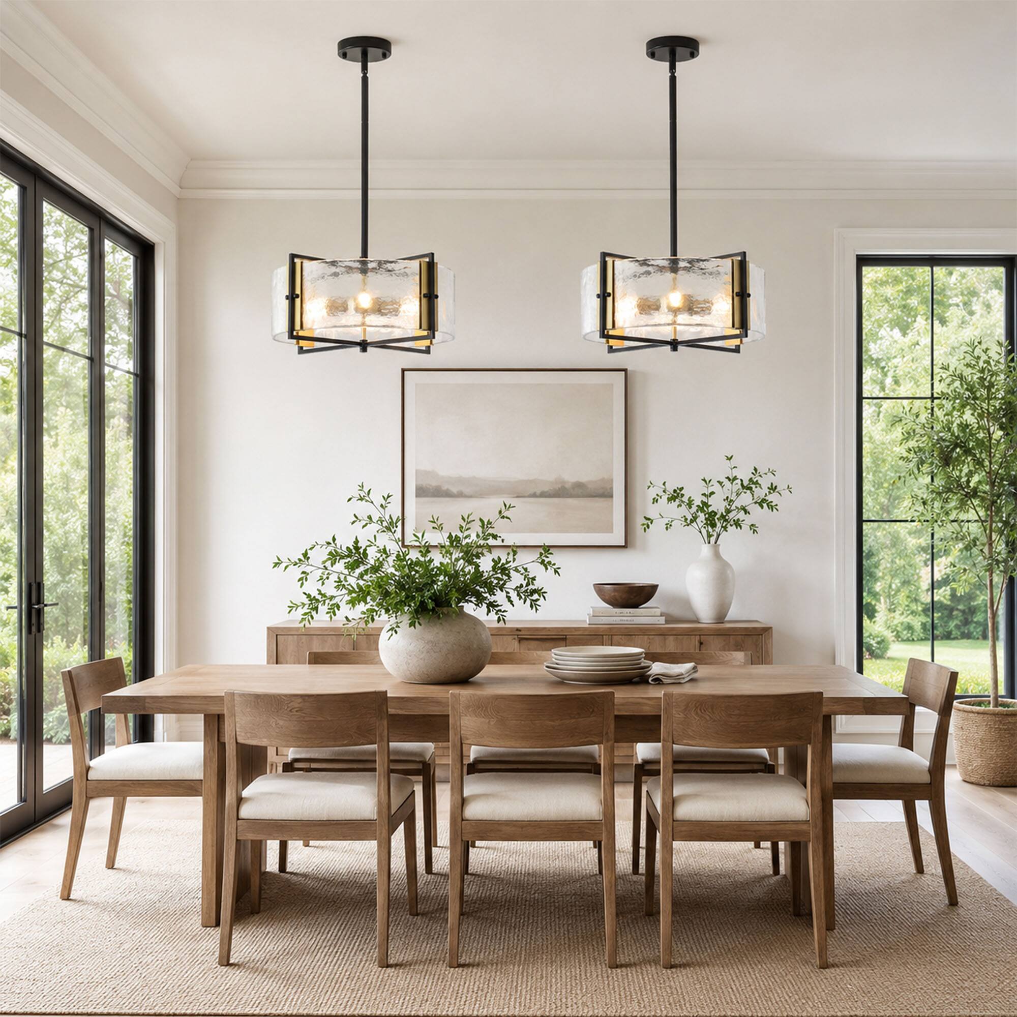 Back. RYHNUYNE - Modern Farmhouse 4-Light Black Chandelier, Adjustable Dimmable Pendant Light for Dining Room, Kitchen Island, Entryway - Black.