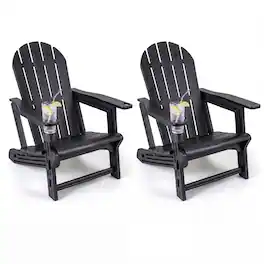 Gymax - Adirondack Chair Set of 2 w/ Cup Holder & Wooden Texture for Lawn Patio - Black