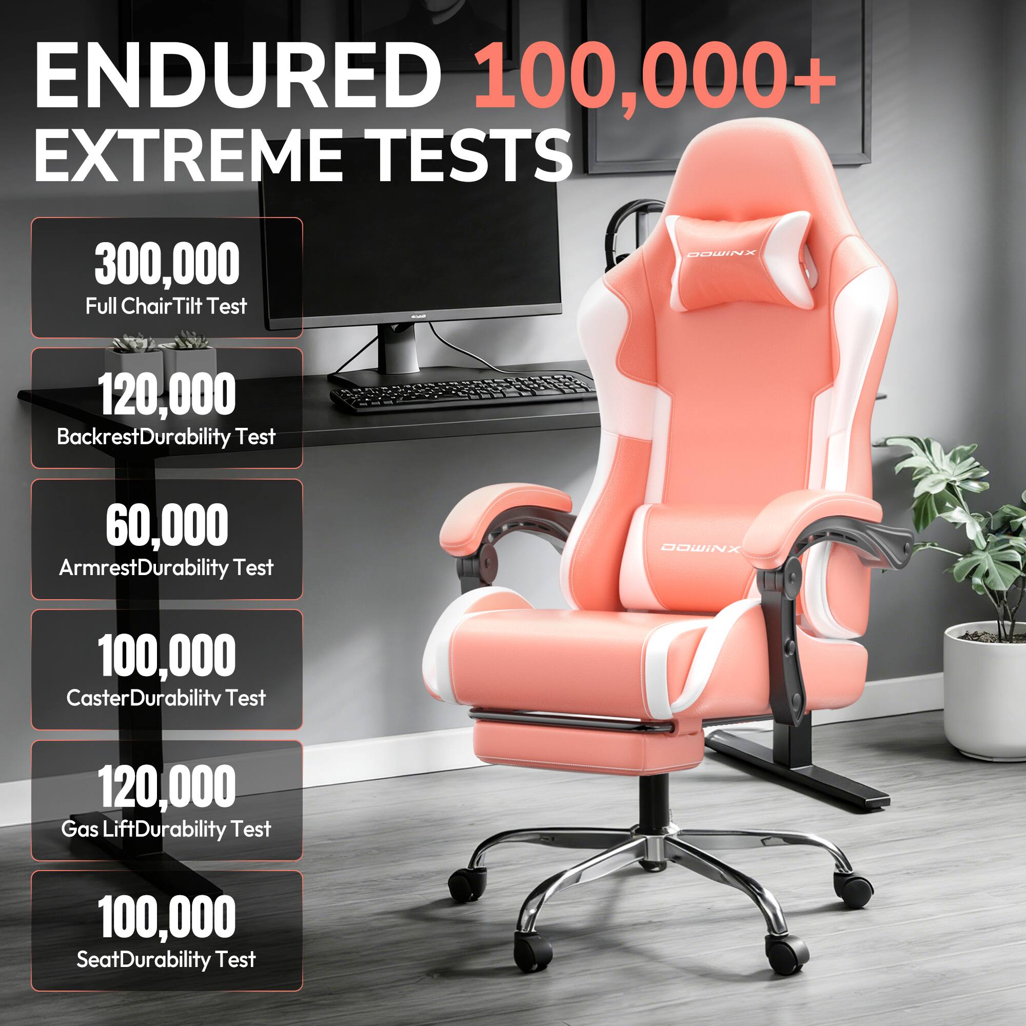 ENDURED 100,000+ EXTREME TESTS

- 300,000 Full Chair Tilt Test
- 120,000 Backrest Durability Test
- 60,000 Armrest Durability Test
- 100,000 Caster Durability Test
- 120,000 Gas Lift Durability Test
- 100,000 Seat Durability Test
