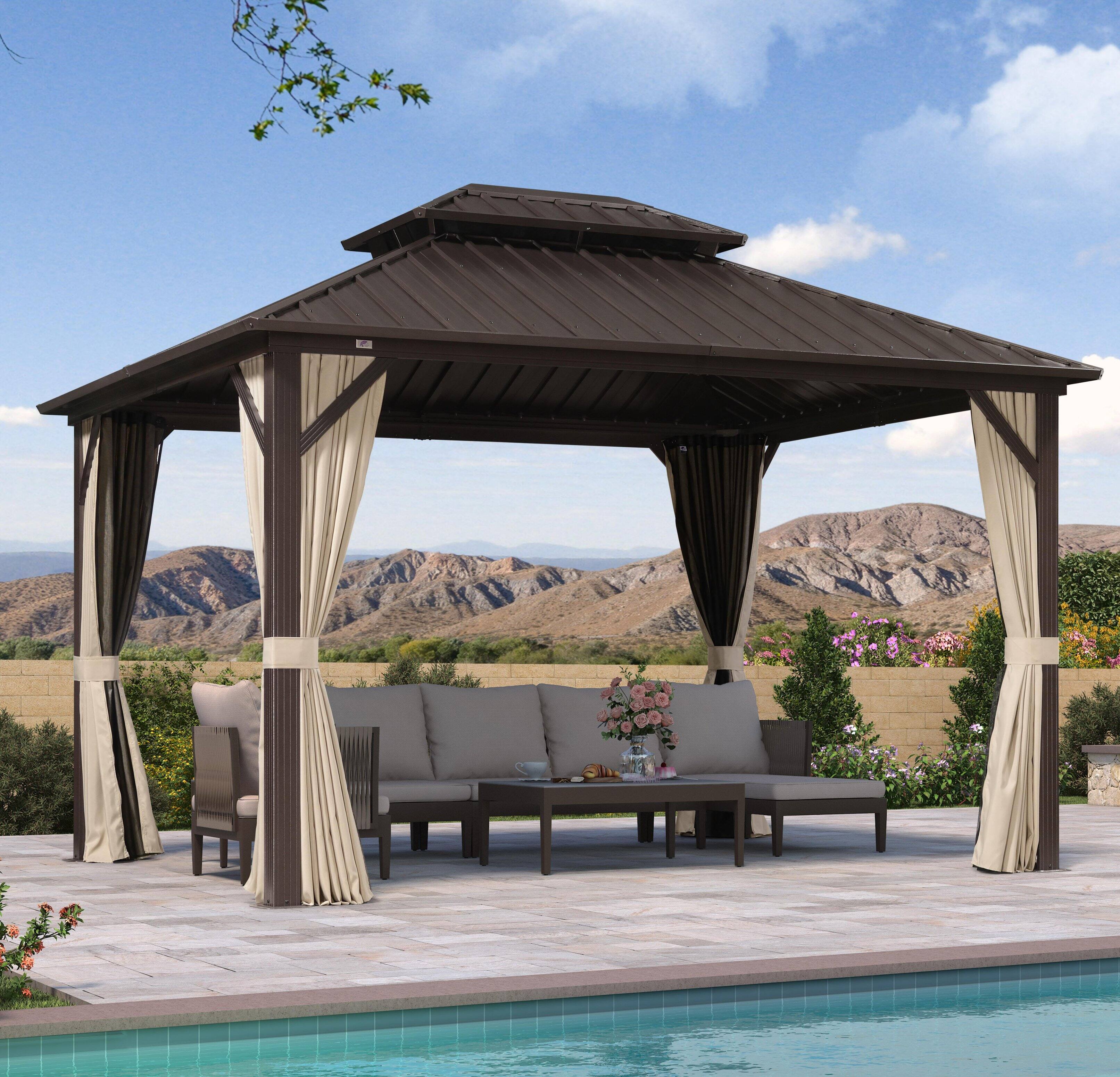 Front. PURPLE LEAF - 10' X 12' Outdoor Hardtop Gazebo Metal Frame Galvanized Steel Double Roof with Curtains and Nettings - 10' X 12'.