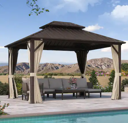 Front. PURPLE LEAF - 10' X 12' Outdoor Hardtop Gazebo Metal Frame Galvanized Steel Double Roof with Curtains and Nettings - 10' X 12'.