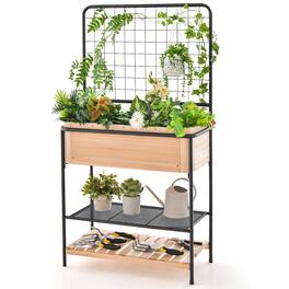 Costway - 59" Raised Wooden Garden Bed with Metal Trellis Open Storage Shelves Drain Holes - Natural