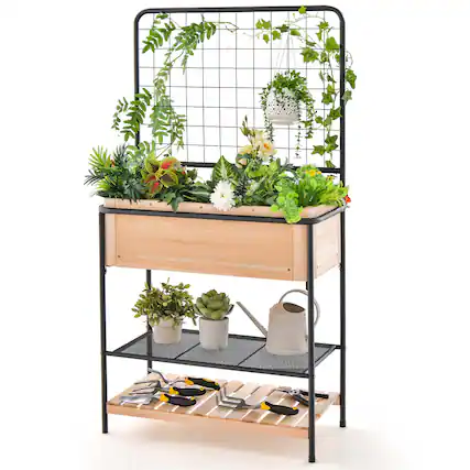 Front. Costway - 59" Raised Wooden Garden Bed with Metal Trellis Open Storage Shelves Drain Holes - Natural.