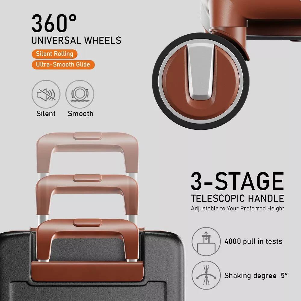 360° UNIVERSAL WHEELS  
Silent Rolling  
Ultra-Smooth Glide  

Silent  
Smooth  

3-STAGE TELESCOPIC HANDLE  
Adjustable to Your Preferred Height  

4000 pull in tests  
Shaking degree 5°