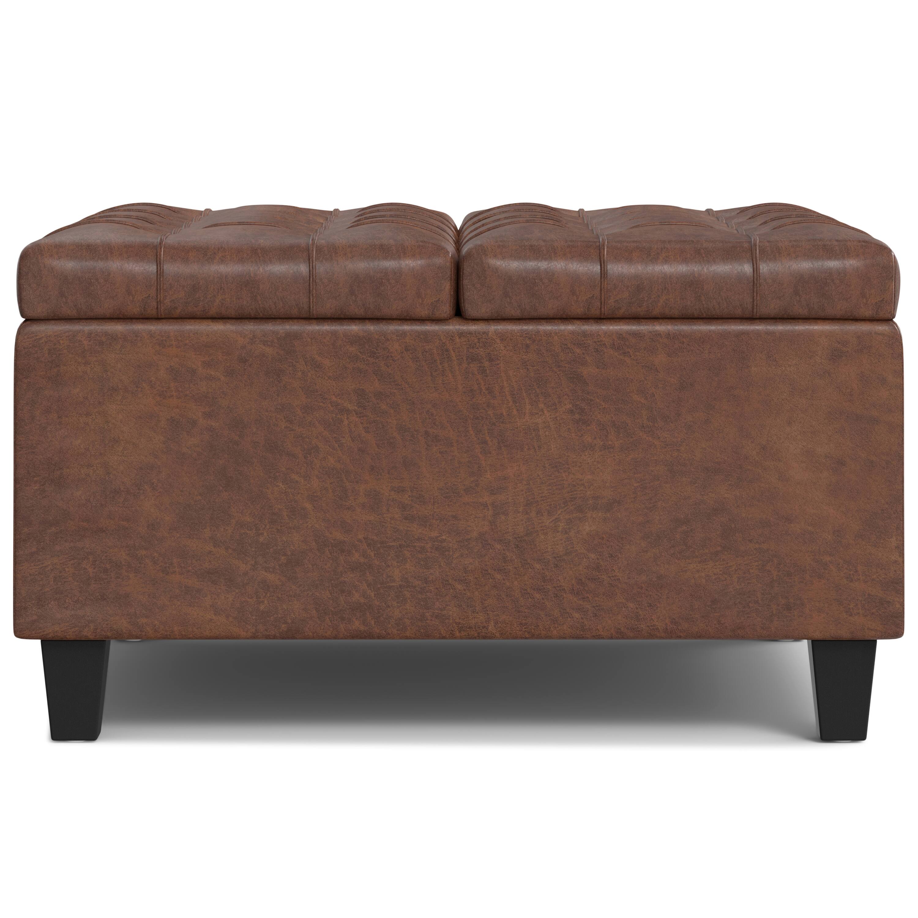Left. Simpli Home - Harrison 30 inch Wide Small Square Coffee Table Storage Ottoman in Distressed Saddle Brown Vegan Leather - Distressed Saddle Brown.