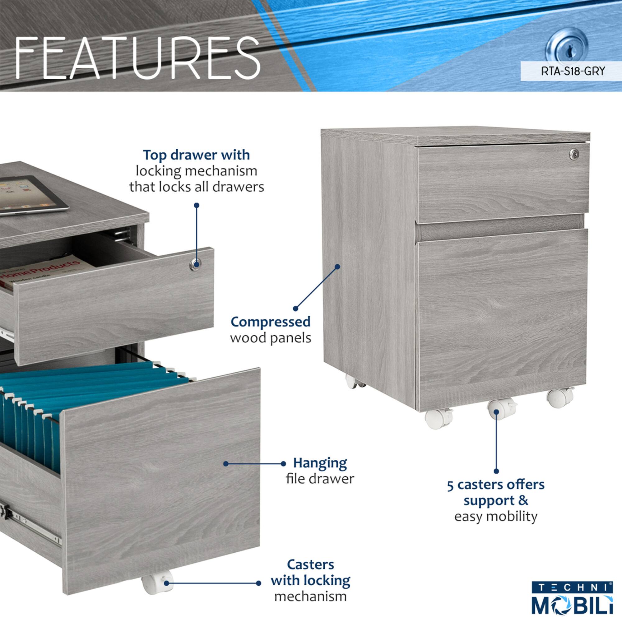 **FEATURES**

- Top drawer with locking mechanism that locks all drawers
- Compressed wood panels
- Hanging file drawer
- 5 casters offers support & easy mobility
- Casters with locking mechanism

**RTA-S18-GRY**