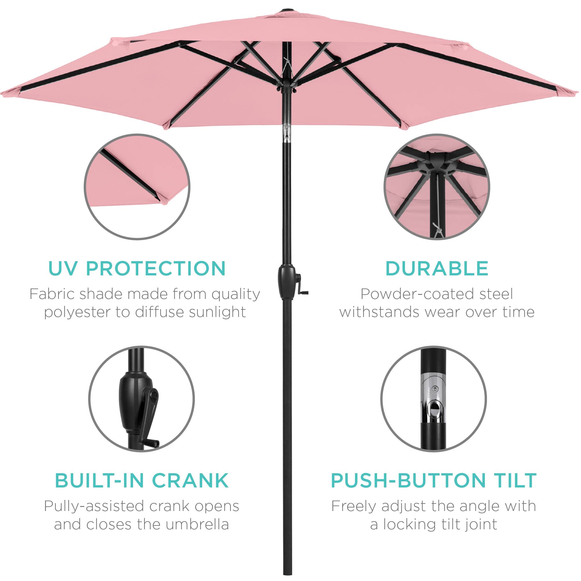 UV Protection: Fabric shade made from quality polyester to diffuse sunlight.  
Durable: Powder-coated steel withstands wear over time.  
Built-in Crank: Pulley-assisted crank opens and closes the umbrella.  
Push-Button Tilt: Freely adjust the angle with a locking tilt joint.