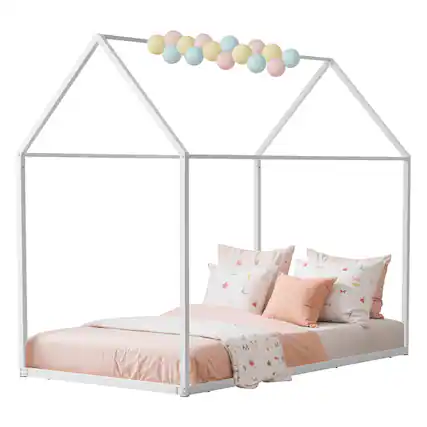 Front. VEVOR - Twin Size House Bed Frame, Metal Kids Floor Bed Frame with Roof, Heavy Duty Steel Slats Support, House Shape Bedframe - White.