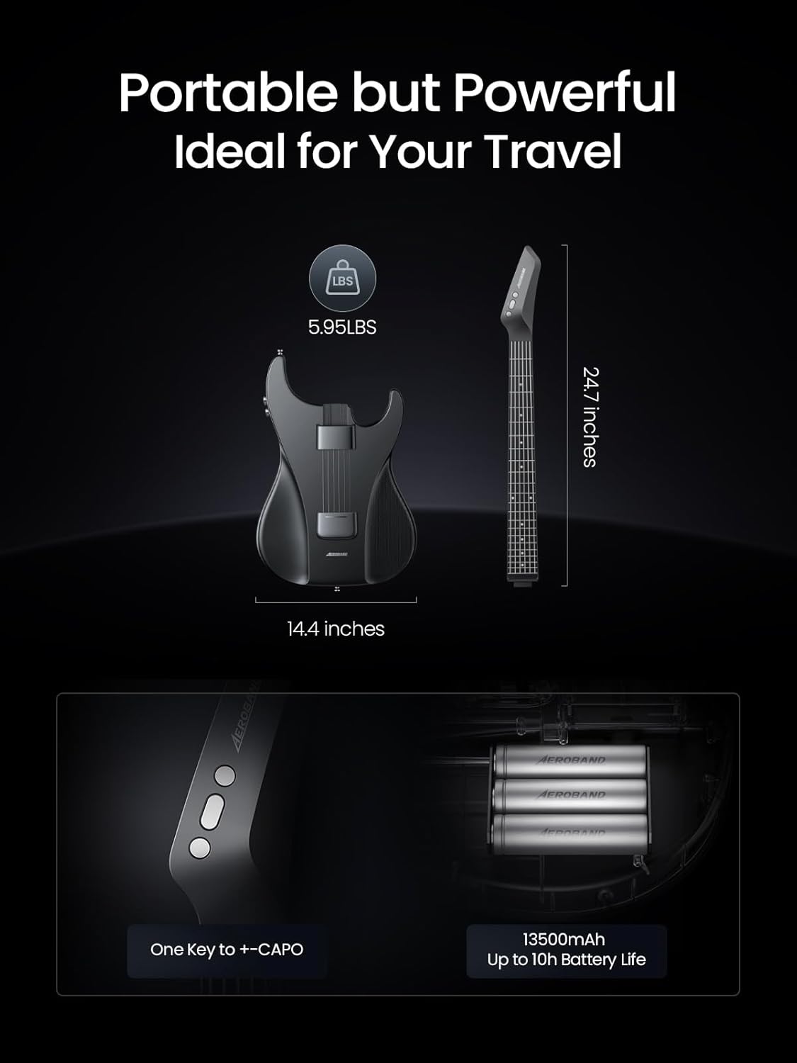 Portable but Powerful  
Ideal for Your Travel  

5.95LBS  
24.7 inches  
14.4 inches  

One Key to +-CAPO  

13500mAh  
Up to 10h Battery Life