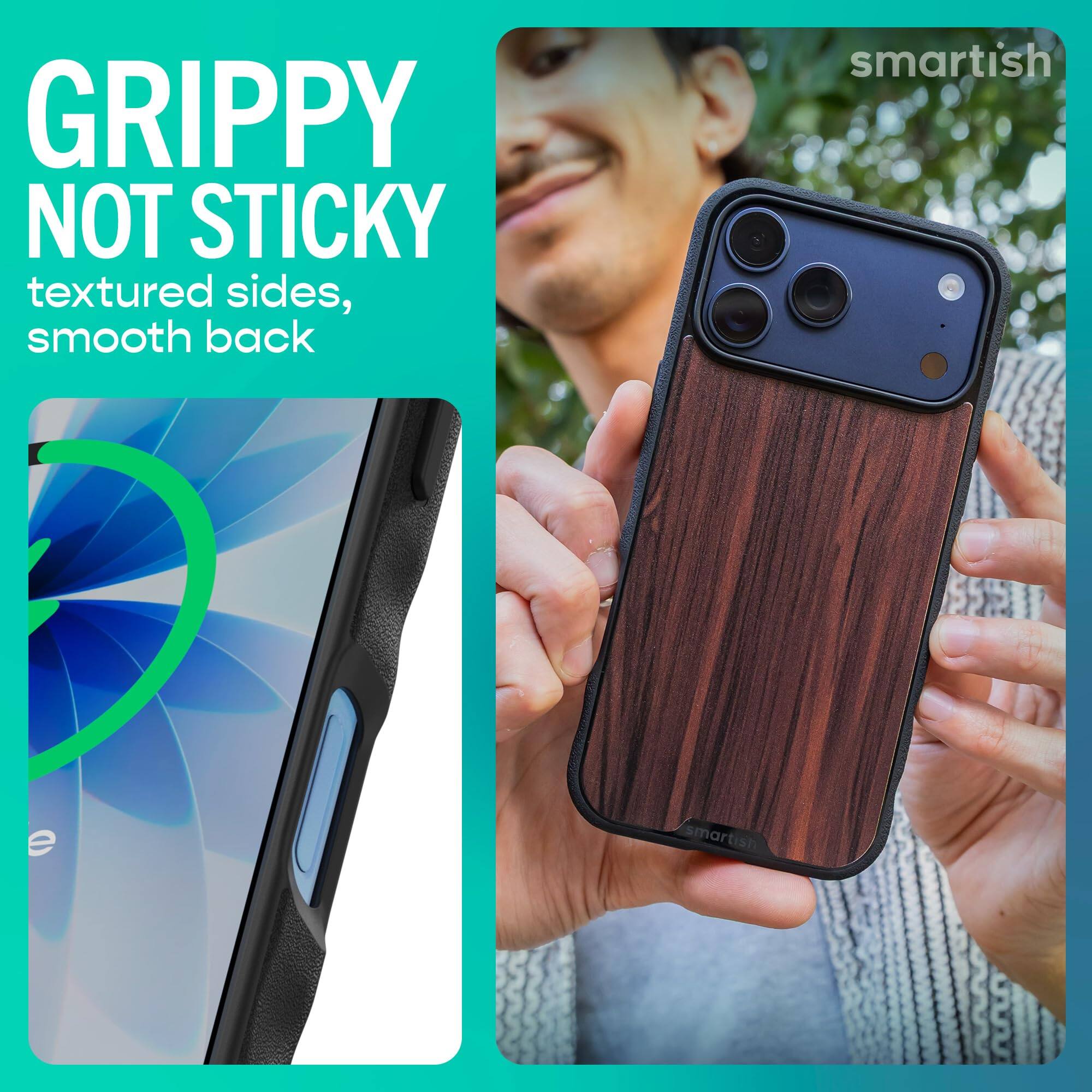 GRIPPY NOT STICKY textured sides, smooth back

smartish