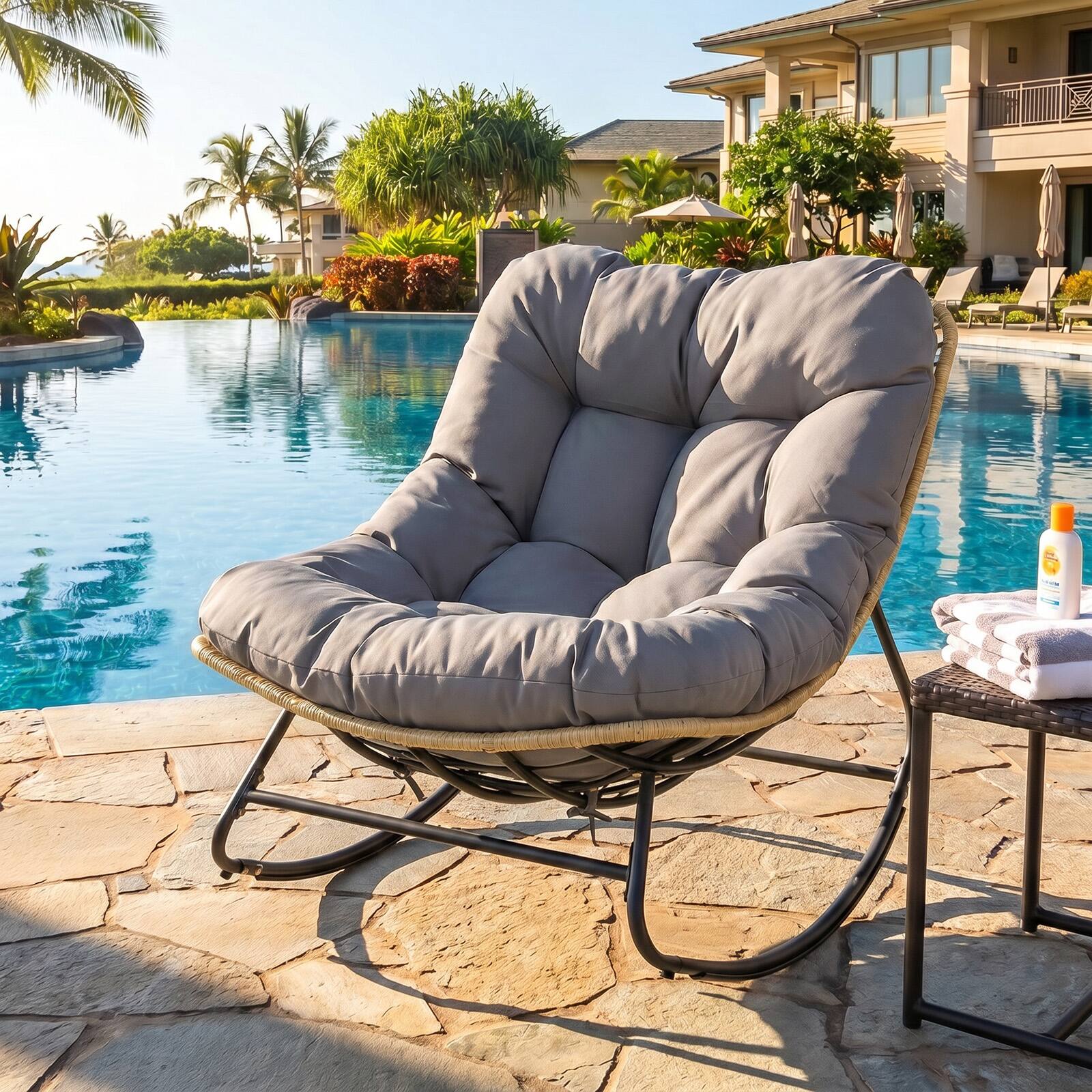 Alt View 3. Gymax - Gymax Outdoor Papasan Rocking Chair Oversized Egg-shaped Rocker w/Thick Cushioned Seat Gray - Gray.